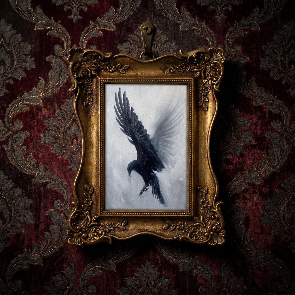 Dark Academia Crow Art Gold Ornate Picture Frame, Gothic Wall Decor, Moody Raven Painting on Canvas, Victorian Style Framed Art, 6.7x8.7 in