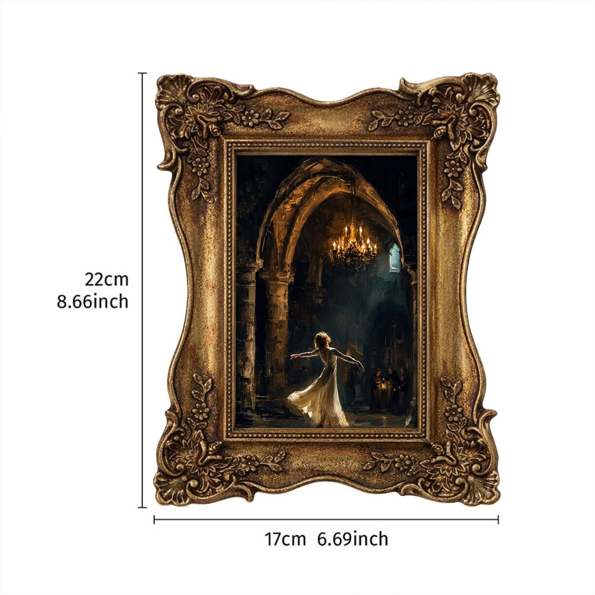 Dark Academia Art Dancing Girl in Castle Canvas Print, Vintage Gold Ornate Frame, Romantic Gothic Wall Art, Ballerina Gift, 6.7x8.7 Inches