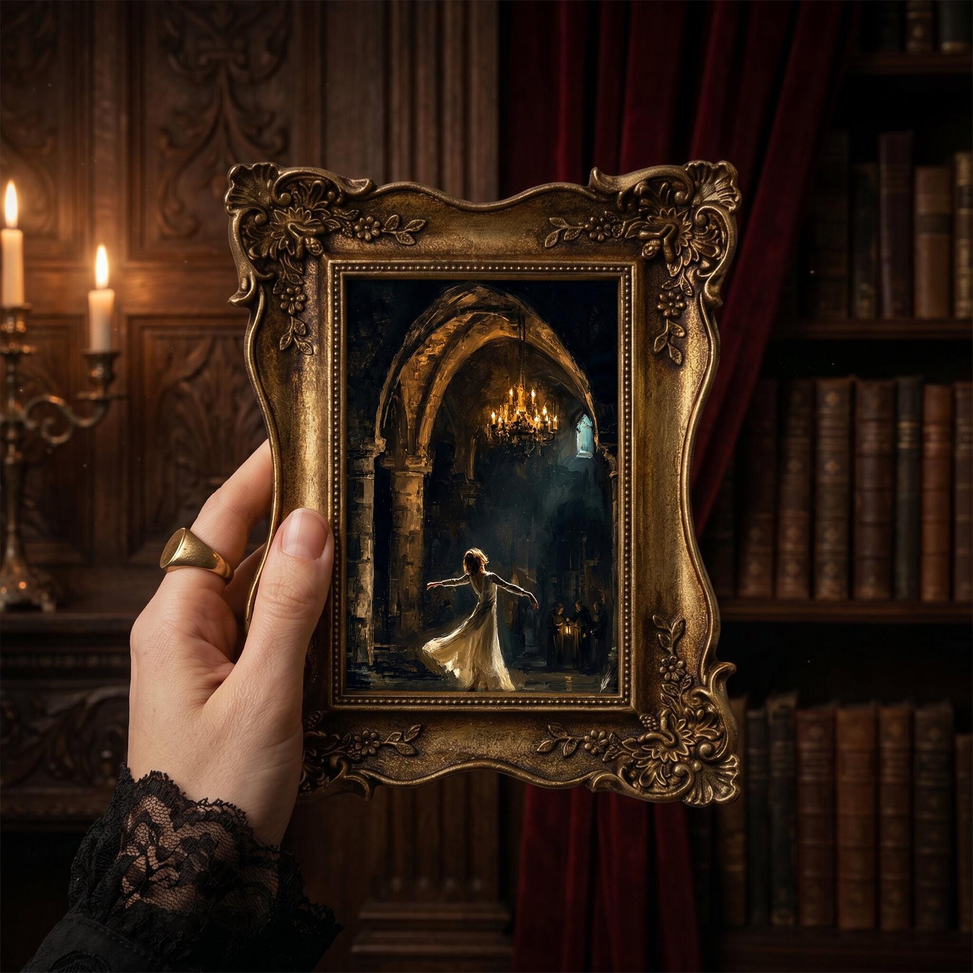 Dark Academia Art Dancing Girl in Castle Canvas Print, Vintage Gold Ornate Frame, Romantic Gothic Wall Art, Ballerina Gift, 6.7x8.7 Inches