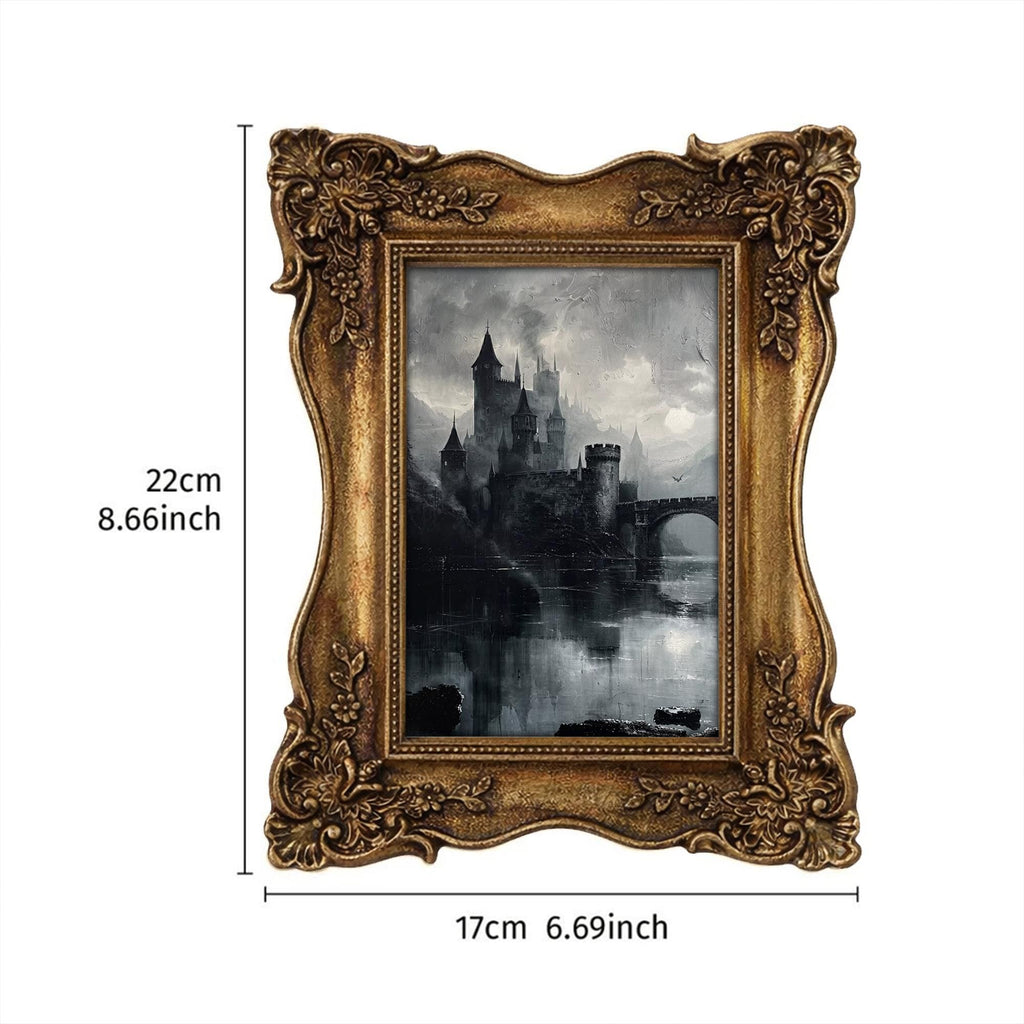 Gothic Castle Wall Art Medieval Painting in Vintage Gold Frame, Dark Academia Canvas Print, Spooky Home Decor, Victorian Gift 6.7x8.7 Inches