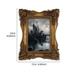 Gothic Castle Wall Art Medieval Painting in Vintage Gold Frame, Dark Academia Canvas Print, Spooky Home Decor, Victorian Gift 6.7x8.7 Inches