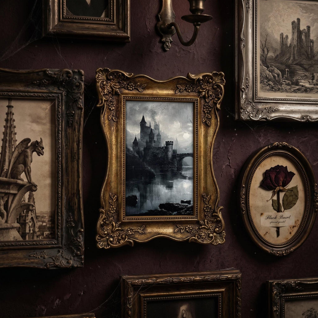 Gothic Castle Wall Art Medieval Painting in Vintage Gold Frame, Dark Academia Canvas Print, Spooky Home Decor, Victorian Gift 6.7x8.7 Inches