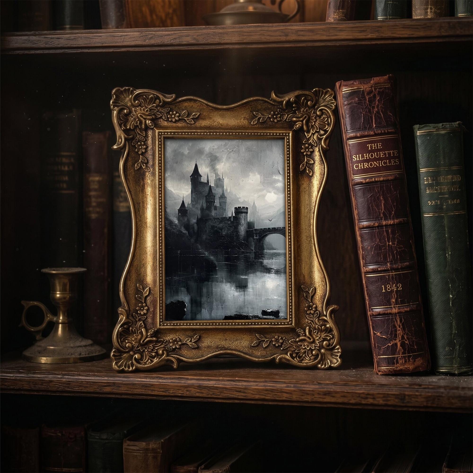 Gothic Castle Wall Art Medieval Painting in Vintage Gold Frame, Dark Academia Canvas Print, Spooky Home Decor, Victorian Gift 6.7x8.7 Inches