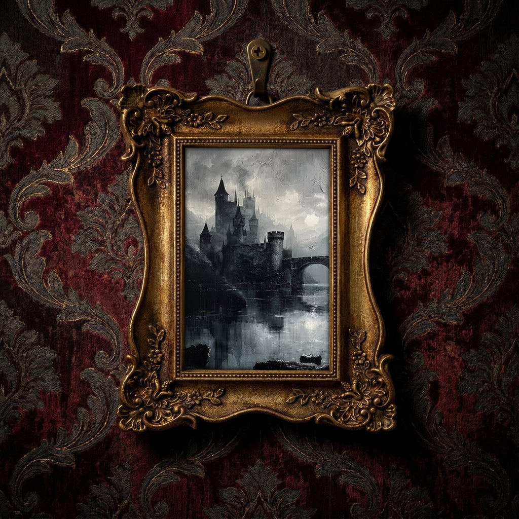 Gothic Castle Wall Art Medieval Painting in Vintage Gold Frame, Dark Academia Canvas Print, Spooky Home Decor, Victorian Gift 6.7x8.7 Inches