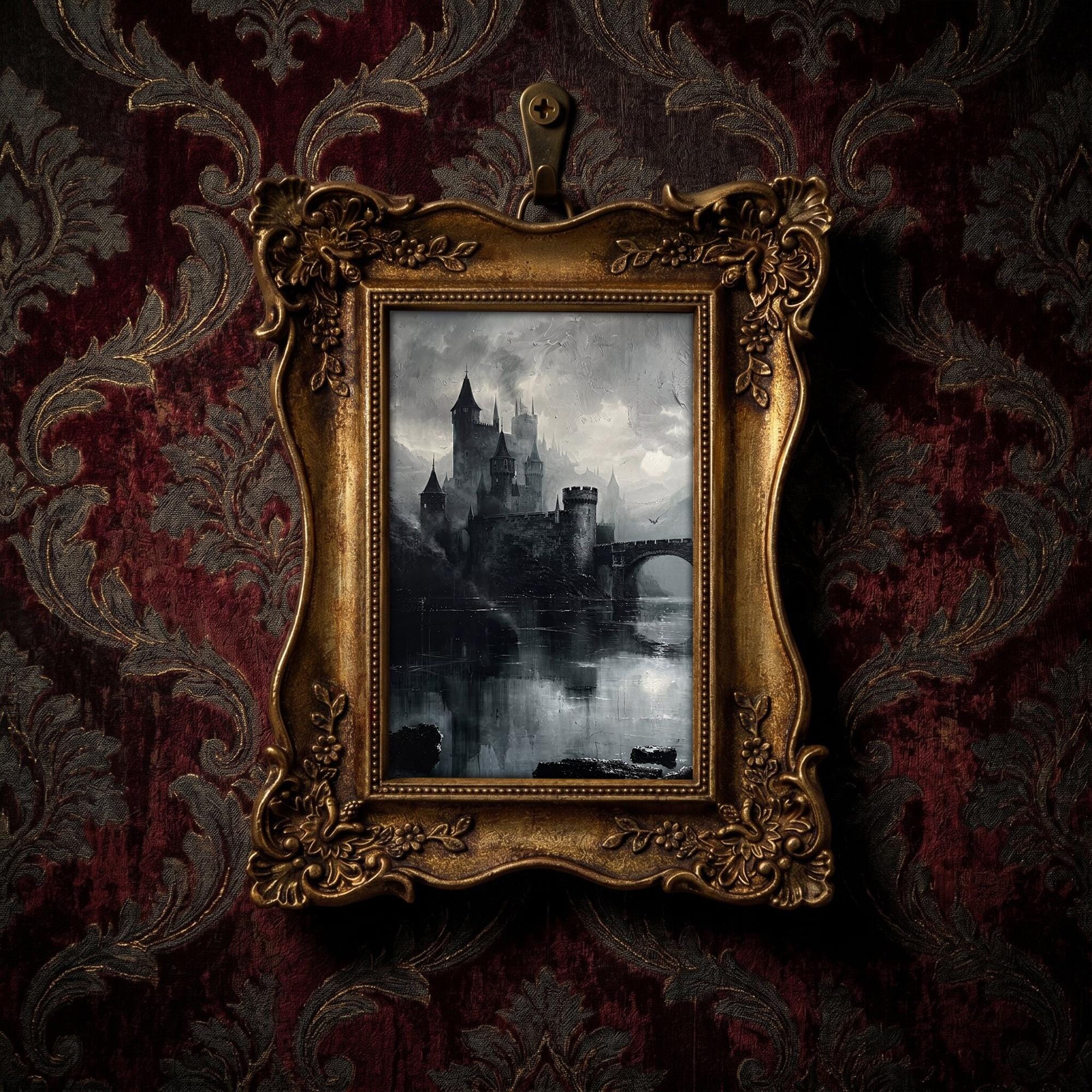 Gothic Castle Wall Art Medieval Painting in Vintage Gold Frame, Dark Academia Canvas Print, Spooky Home Decor, Victorian Gift 6.7x8.7 Inches