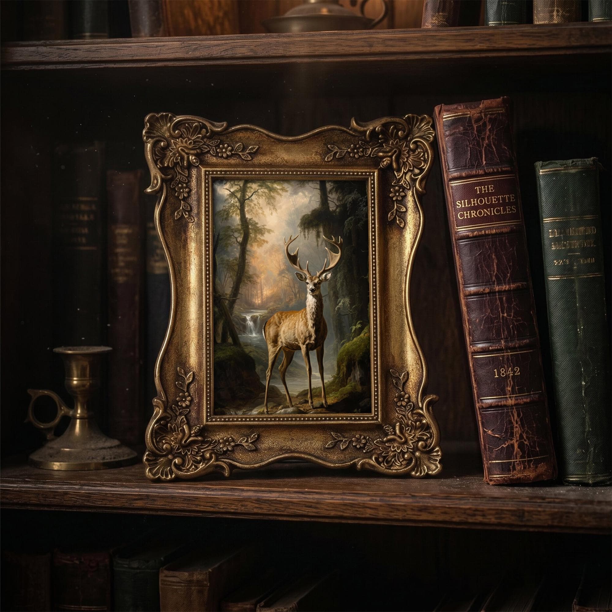 Vintage Stag Deer Painting Forest Landscape in Gold Ornate Frame, Wildlife Canvas Art, Dark Academia Decor, Rustic Cabin Gift 6.7x8.7 Inches