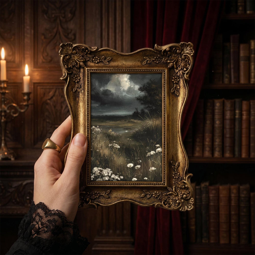 Dark Academia Wall Art Moody Landscape Canvas Print in Vintage Gold Frame, Gothic Meadow Painting, Wildflower Decor, Alt Gift 6.7x8.7 Inches