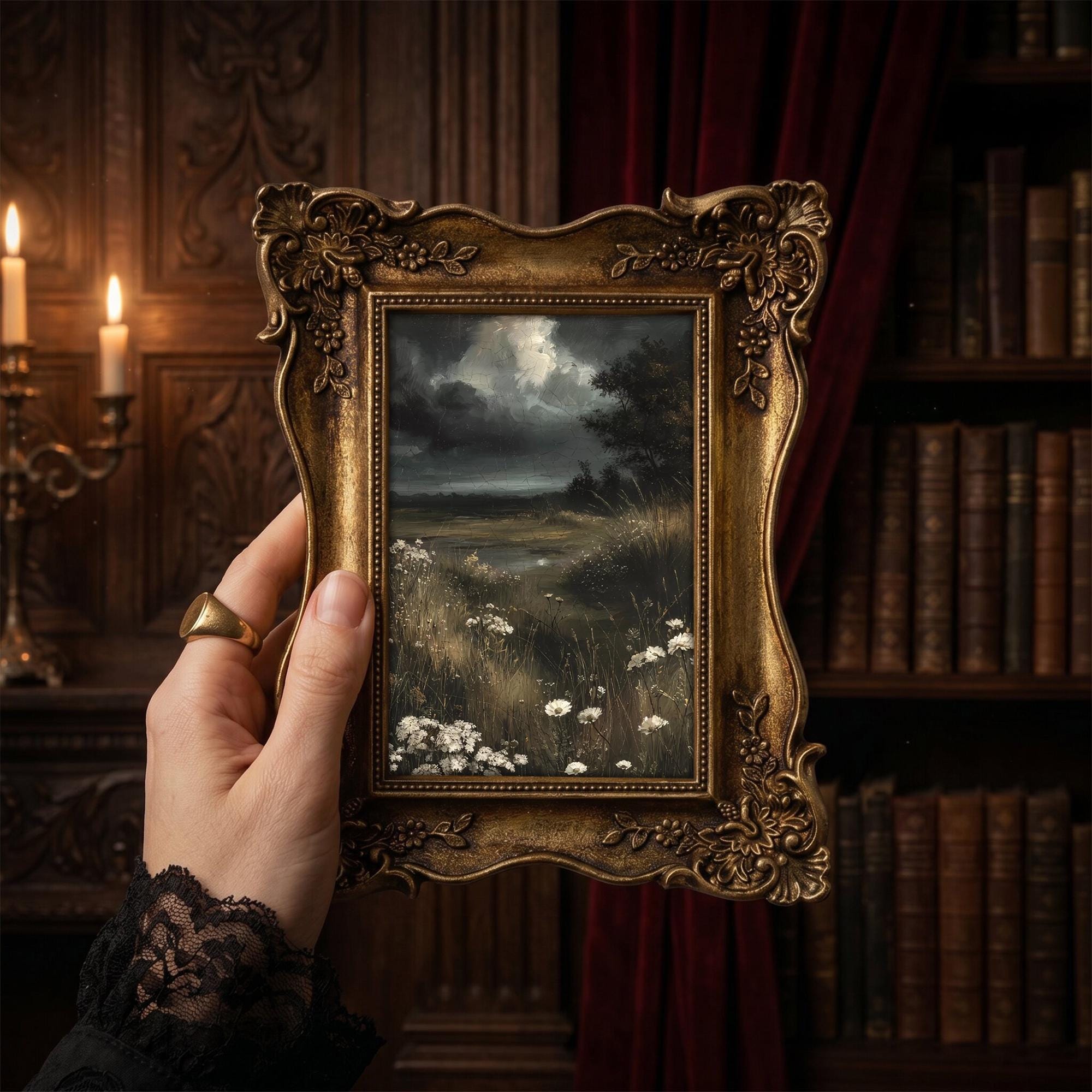 Dark Academia Wall Art Moody Landscape Canvas Print in Vintage Gold Frame, Gothic Meadow Painting, Wildflower Decor, Alt Gift 6.7x8.7 Inches
