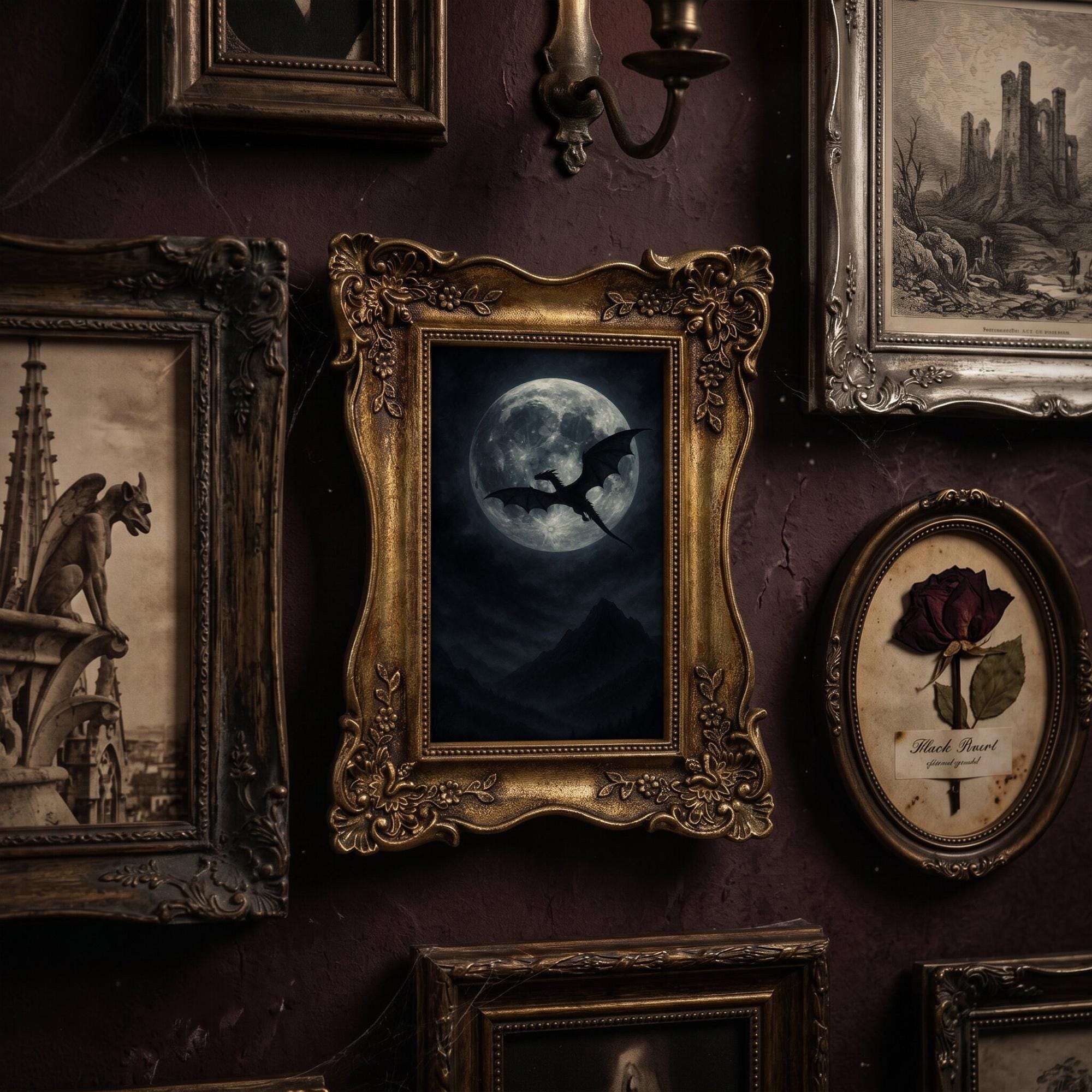 Dragon Wall Art Full Moon Canvas Print in Vintage Gold Frame, Gothic Fantasy Home Decor, Dark Academia Aesthetic, Mythical Gift 6.7x8.7“