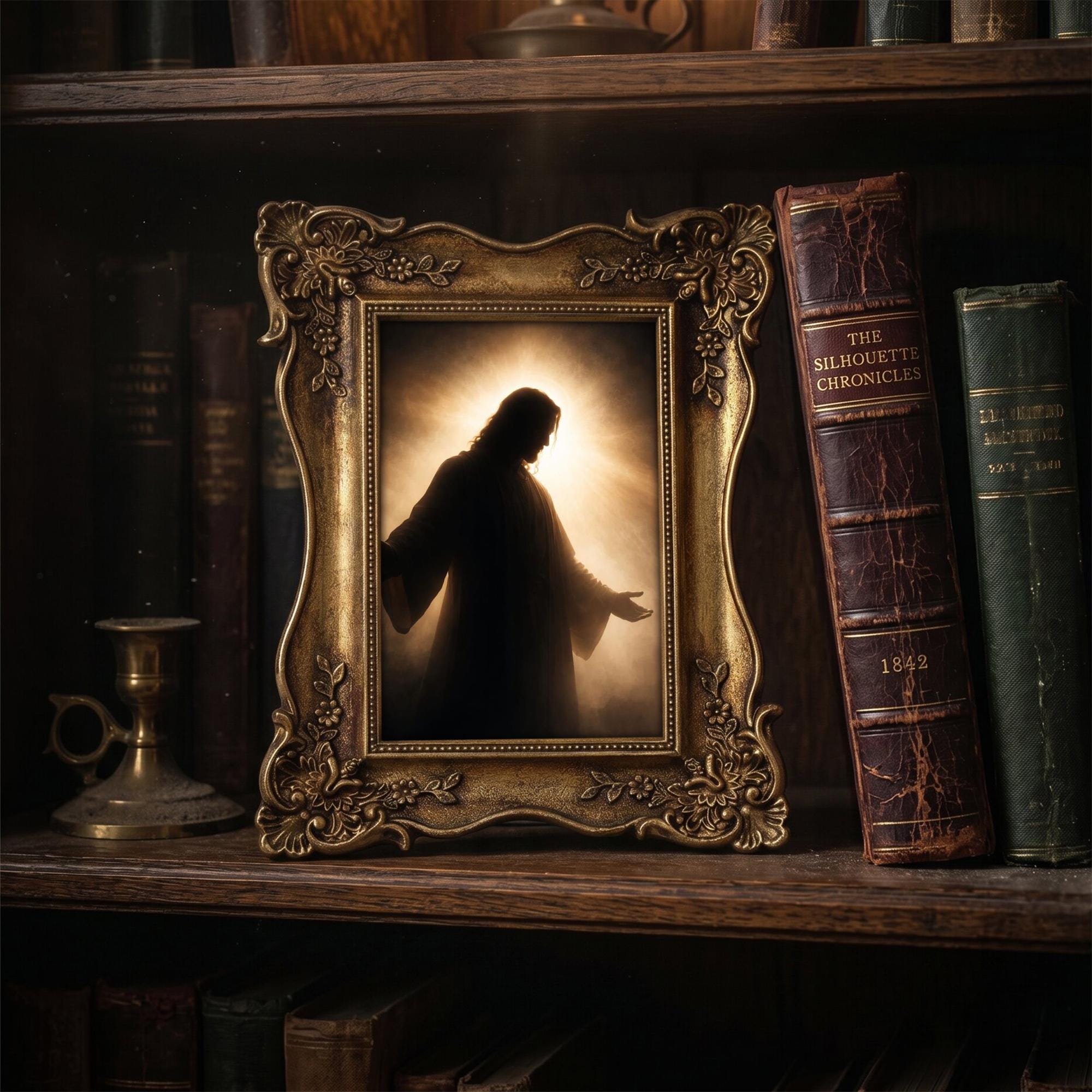 Jesus Wall Art Christian Home Decor in Vintage Gold Frame, Religious Canvas Print, Christ Silhouette Art, Catholic Gift, Small Decor