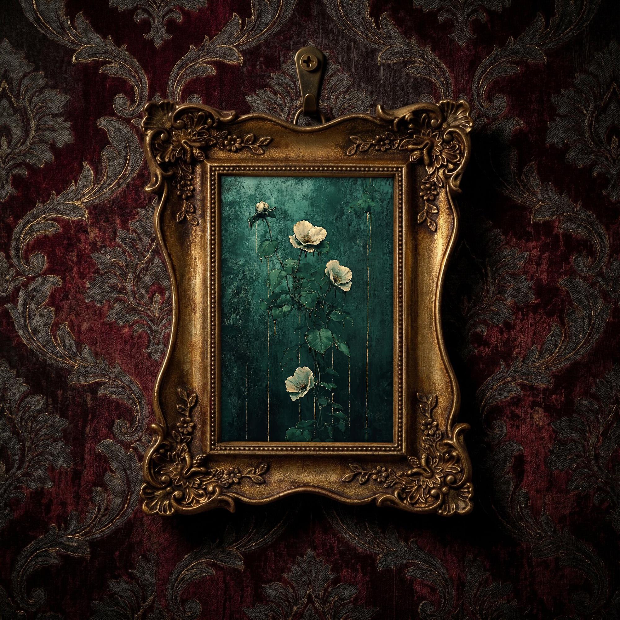 Dark Academia Wall Art Moody Floral Canvas Print in Vintage Gold Frame, Victorian Style Flower Painting, Aesthetic Shelf Decor 6.7x8.7“