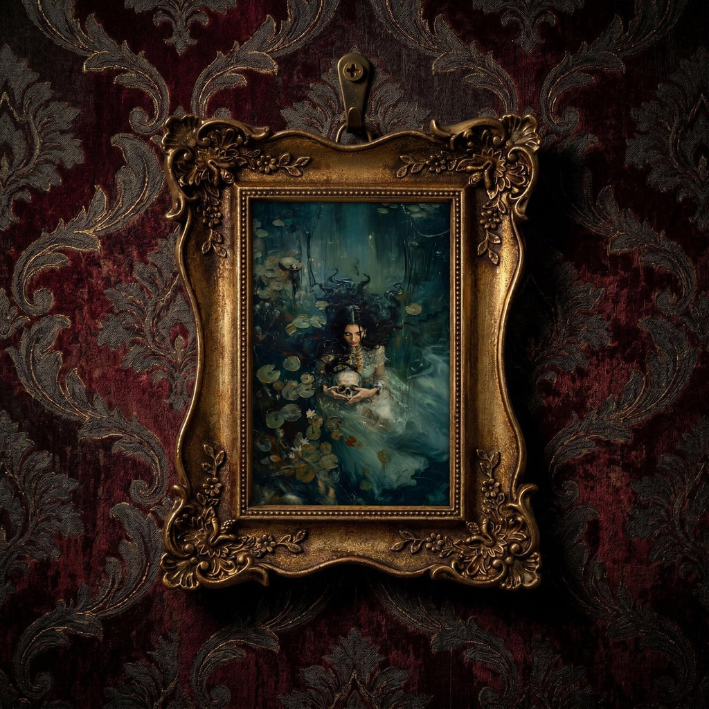 Dark Academia Art, Victorian Gold Framed Painting, Gothic Wall Decor, Moody Ophelia Canvas Print, Ornate Gold Frame, Macabre Home Gift, Art