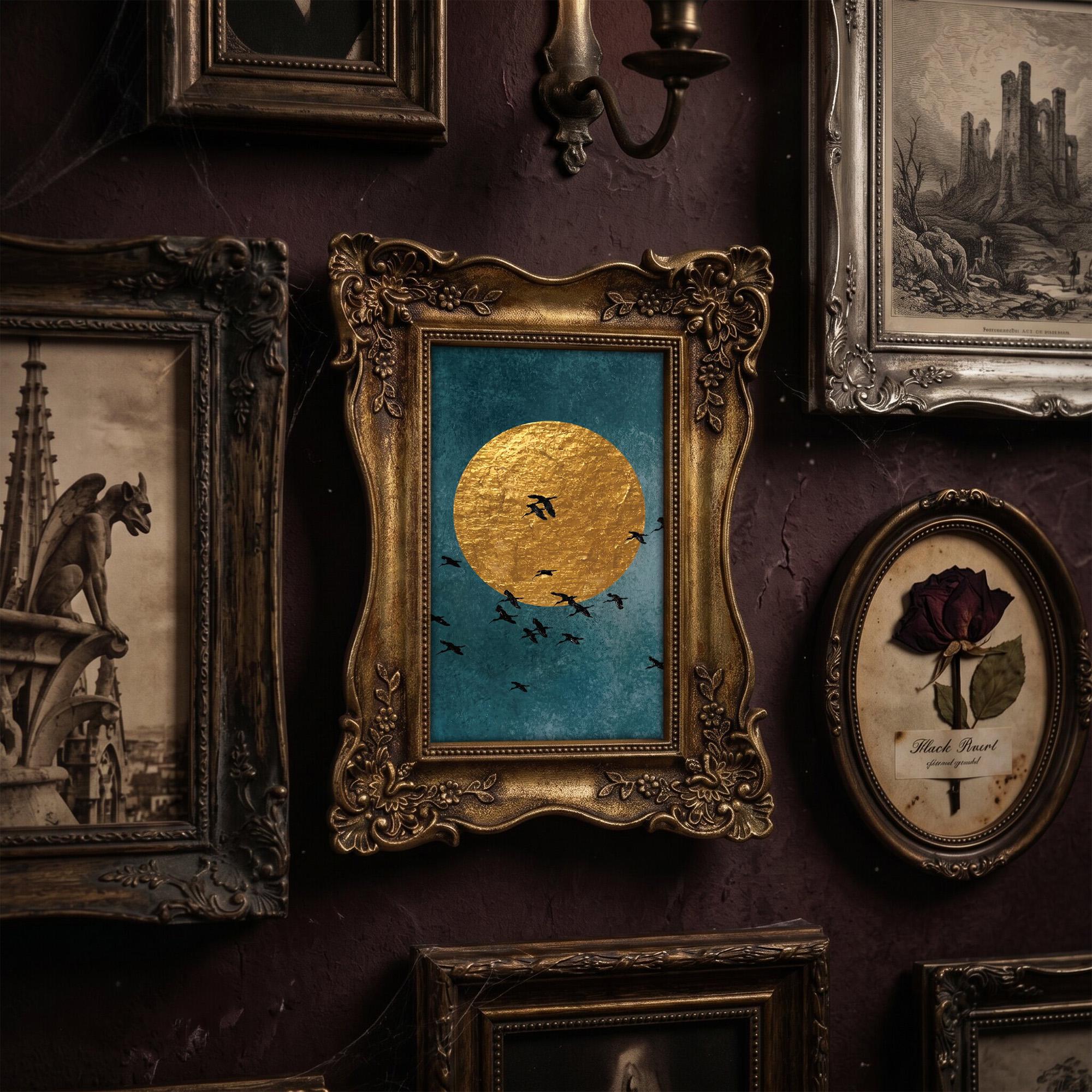 Gold Moon Wall Art, Birds Silhouette Gold Framed Print, Celestial Gold Leaf Decor, Victorian Gothic Wall Art, Ornate Gold Frame, Moody Gift