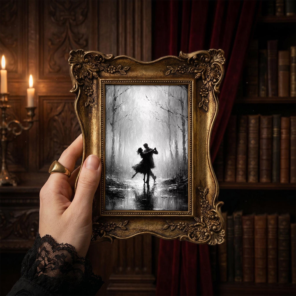 Romantic Couple Dancing Art, Dark Academia Wall Decor, Victorian Gold Framed Painting, Black and White Canvas Print, Vintage Ornate Frame