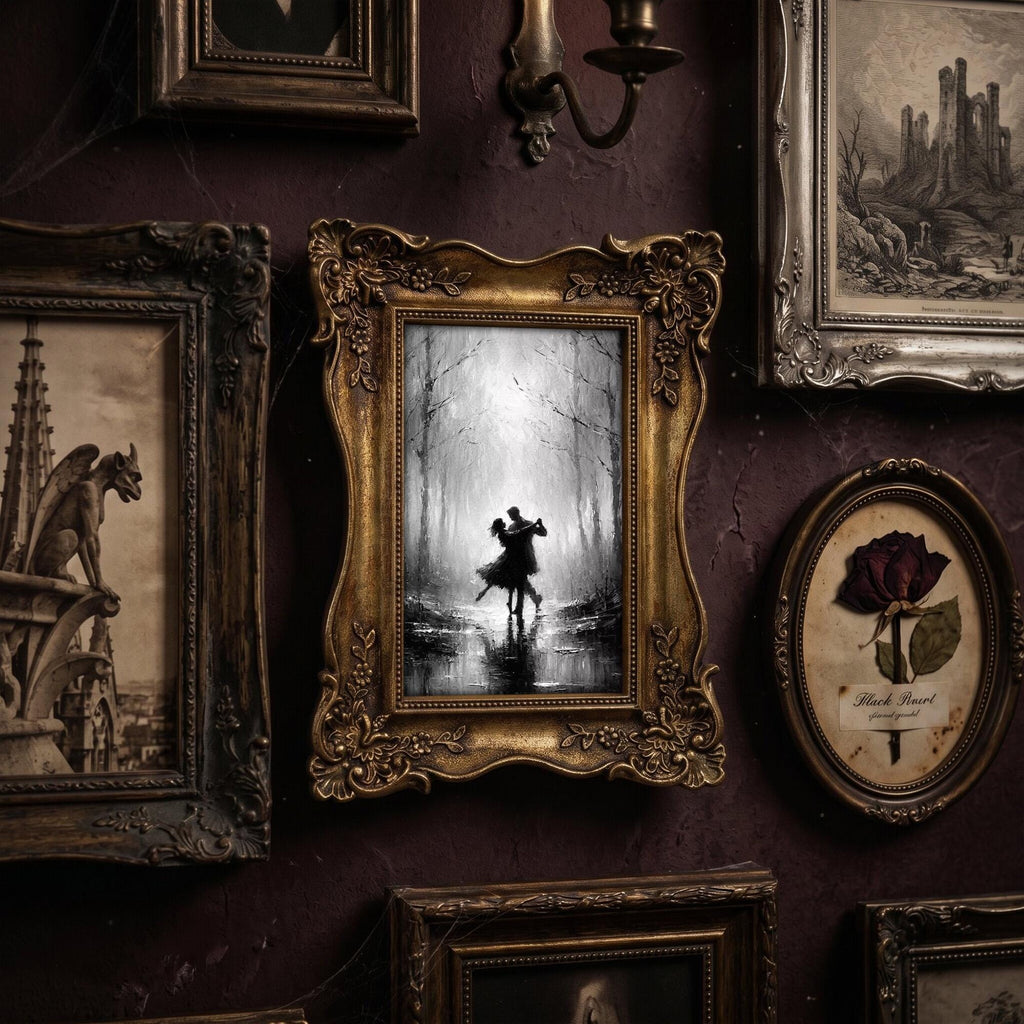 Romantic Couple Dancing Art, Dark Academia Wall Decor, Victorian Gold Framed Painting, Black and White Canvas Print, Vintage Ornate Frame