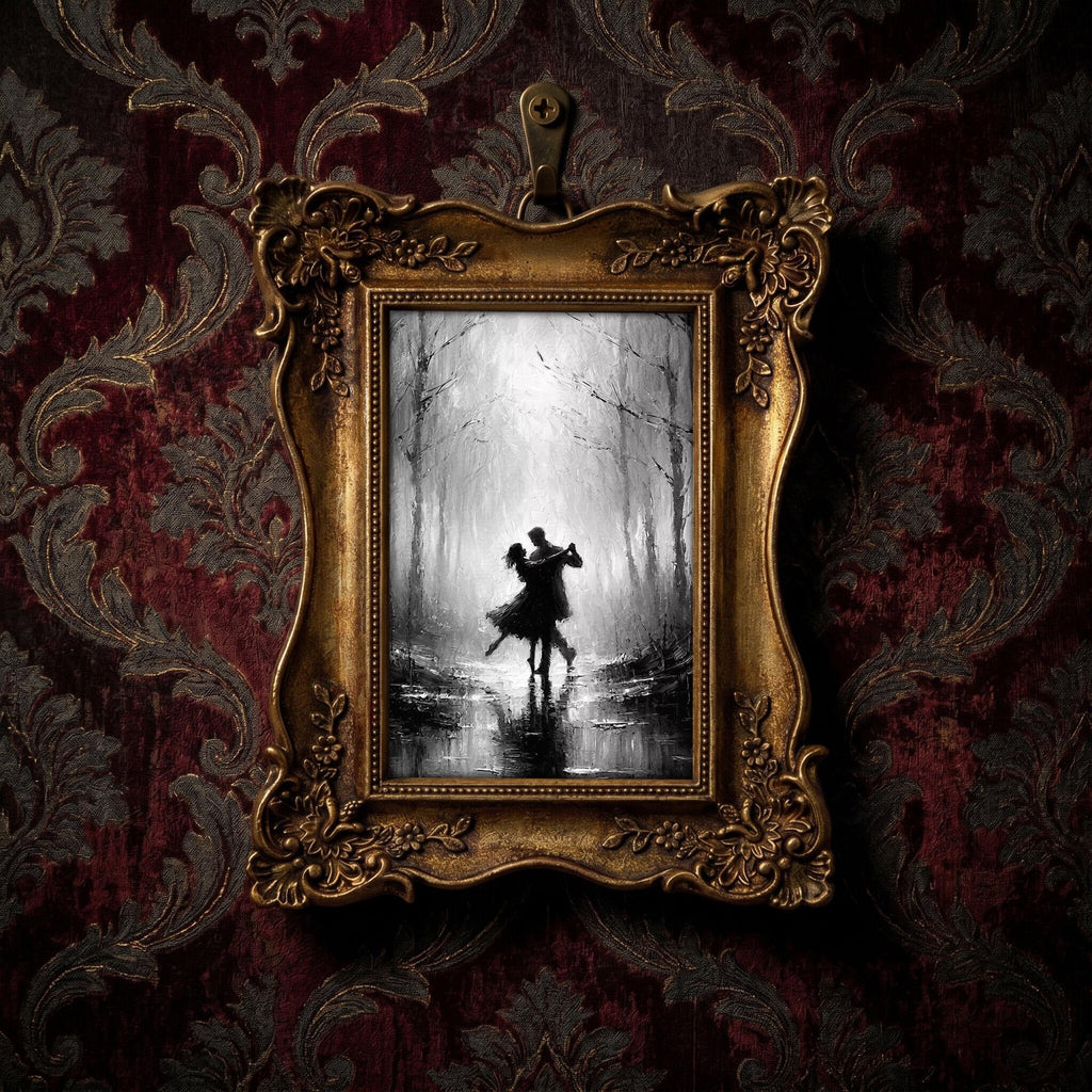 Romantic Couple Dancing Art, Dark Academia Wall Decor, Victorian Gold Framed Painting, Black and White Canvas Print, Vintage Ornate Frame