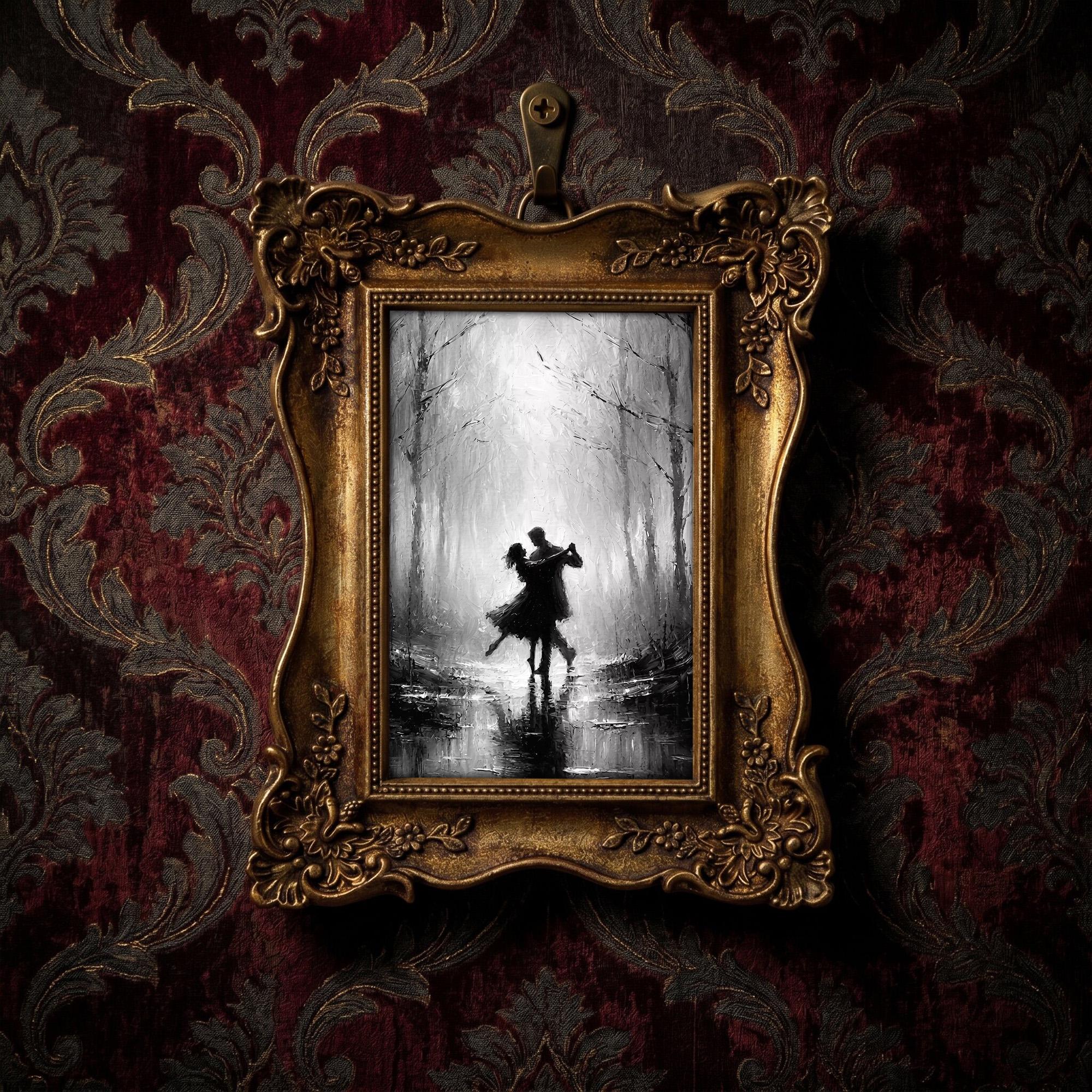 Romantic Couple Dancing Art, Dark Academia Wall Decor, Victorian Gold Framed Painting, Black and White Canvas Print, Vintage Ornate Frame