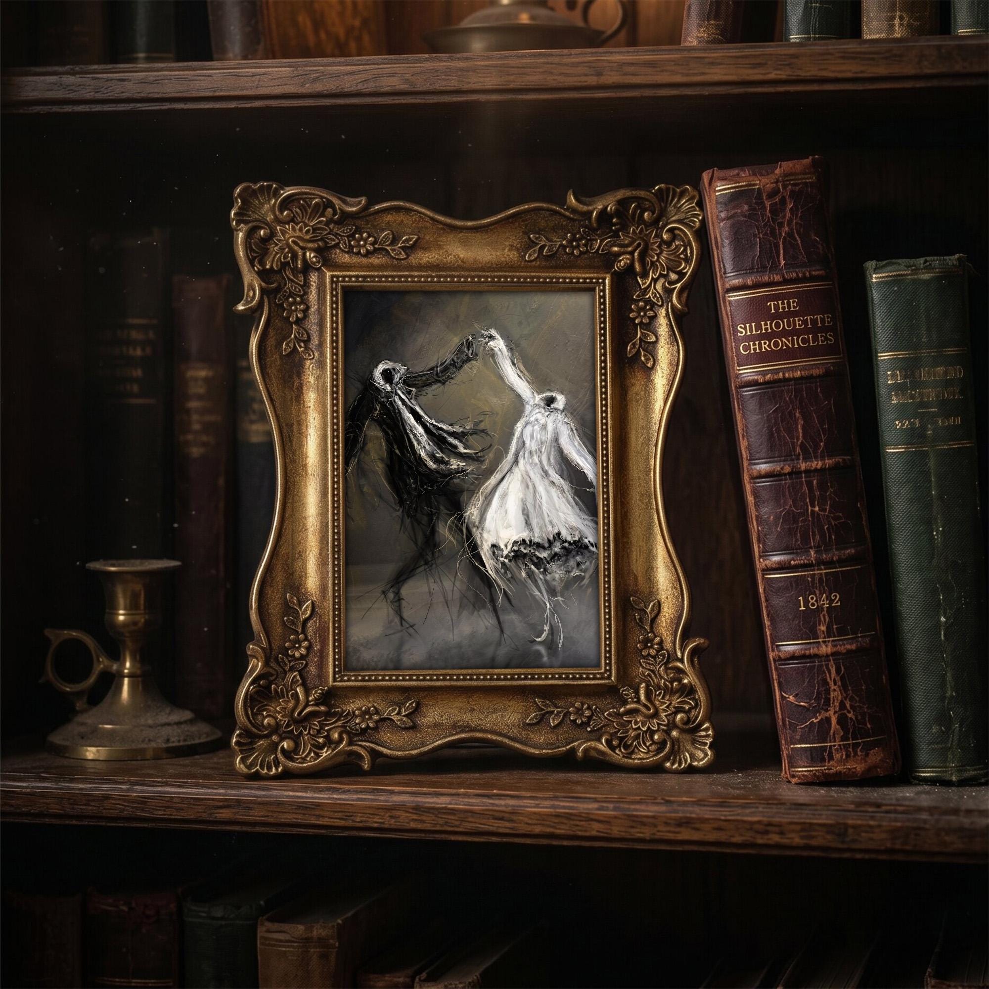 Dancing Ghosts Art, Dark Academia Wall Decor, Victorian Gold Framed Painting, Gothic Ghost Art Print, Moody Haunted Decor