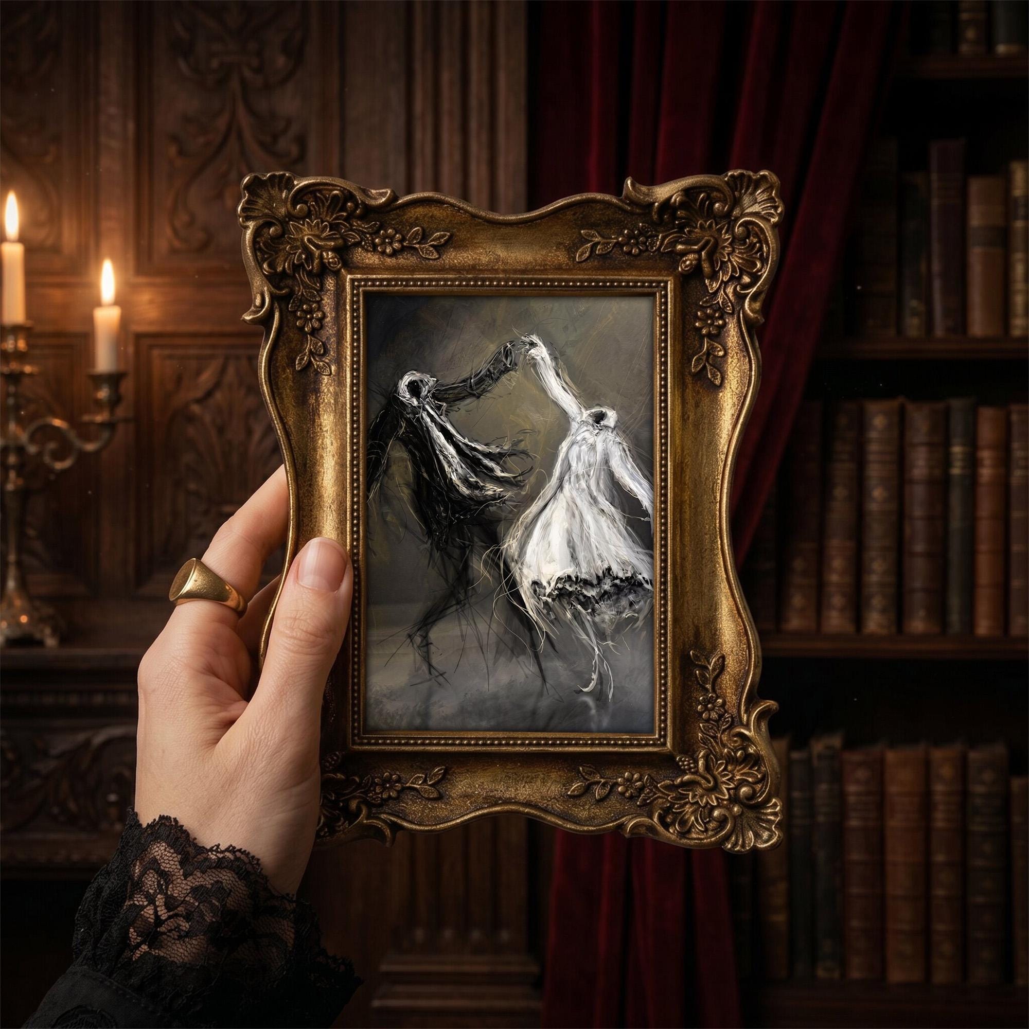 Dancing Ghosts Art, Dark Academia Wall Decor, Victorian Gold Framed Painting, Gothic Ghost Art Print, Moody Haunted Decor