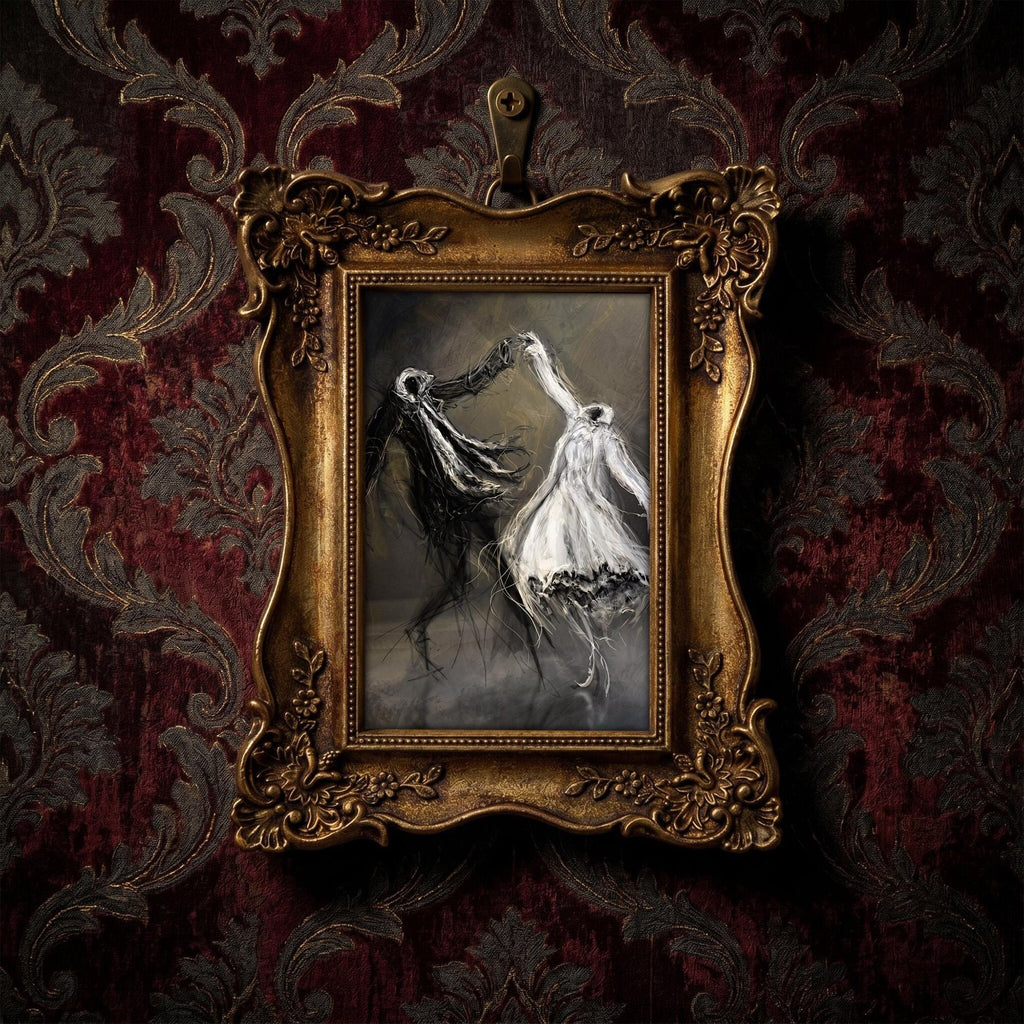 Dancing Ghosts Art, Dark Academia Wall Decor, Victorian Gold Framed Painting, Gothic Ghost Art Print, Moody Haunted Decor