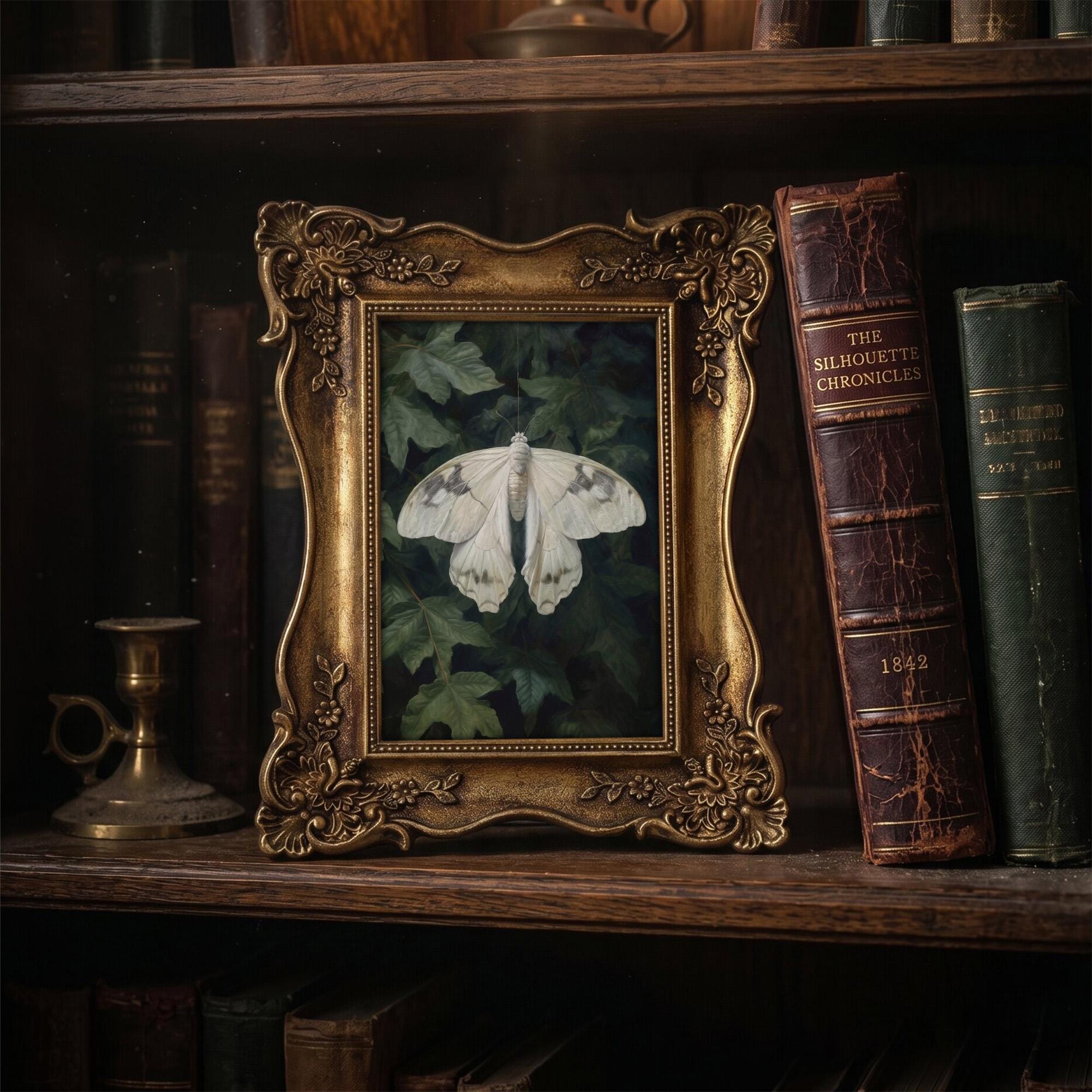 Dark Academia Moth Art, Victorian Gold Framed Butterfly, Gothic Wall Decor, White Moth Canvas Print, Vintage Ornate Frame, Moody Home Gift