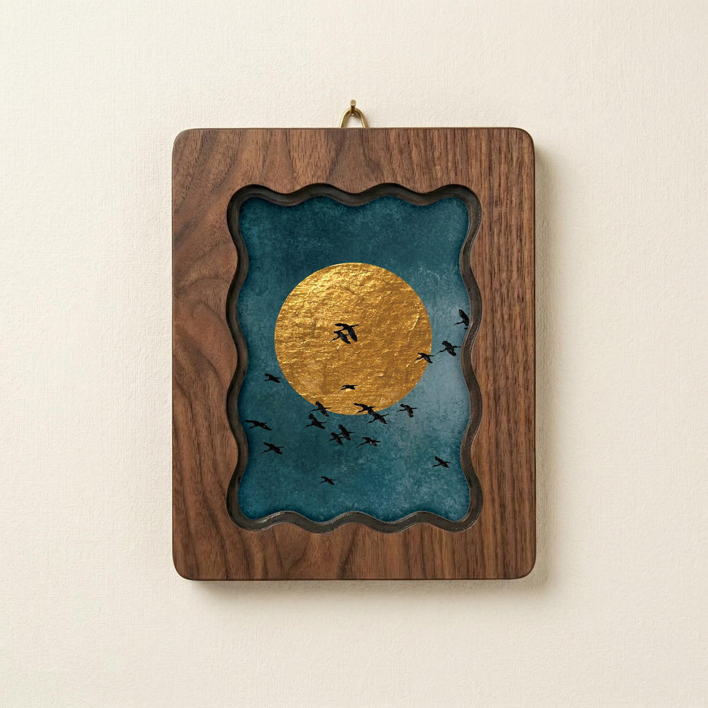 Gold Moon Wall Art, Birds Silhouette Wood Frame, Celestial Gold Leaf Print, Zen Nature Decor, Minimalist Night Sky Art, Housewarming Gift