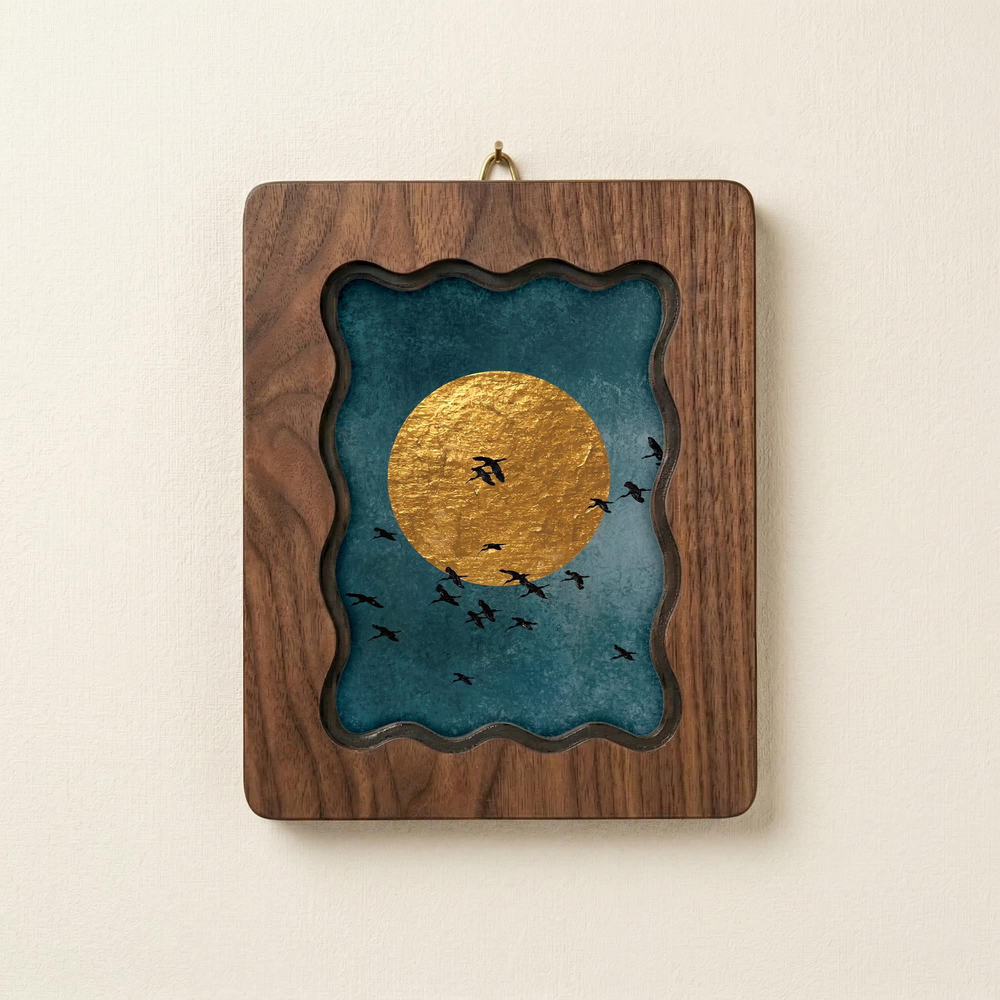 Gold Moon Wall Art, Birds Silhouette Wood Frame, Celestial Gold Leaf Print, Zen Nature Decor, Minimalist Night Sky Art, Housewarming Gift