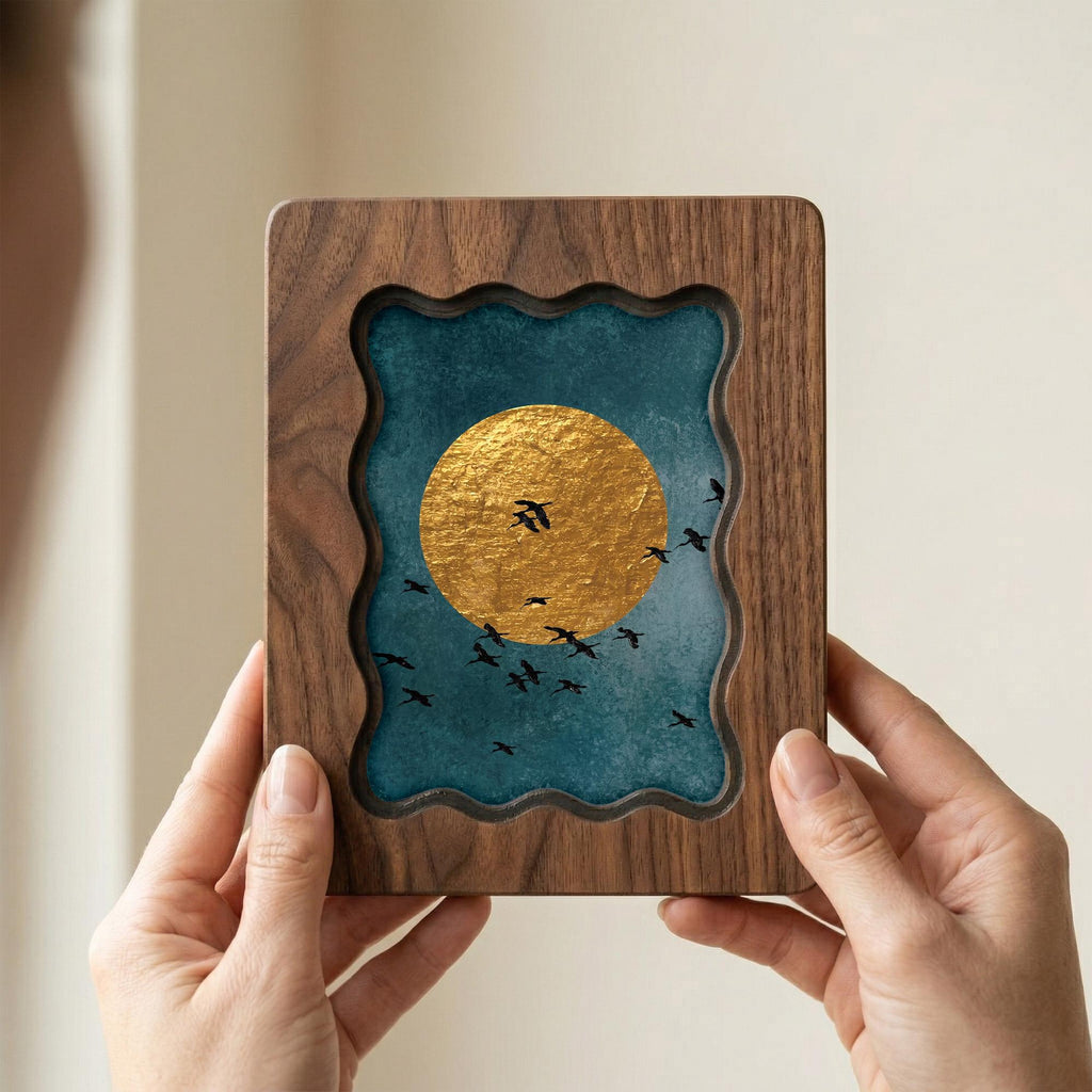 Gold Moon Wall Art, Birds Silhouette Wood Frame, Celestial Gold Leaf Print, Zen Nature Decor, Minimalist Night Sky Art, Housewarming Gift