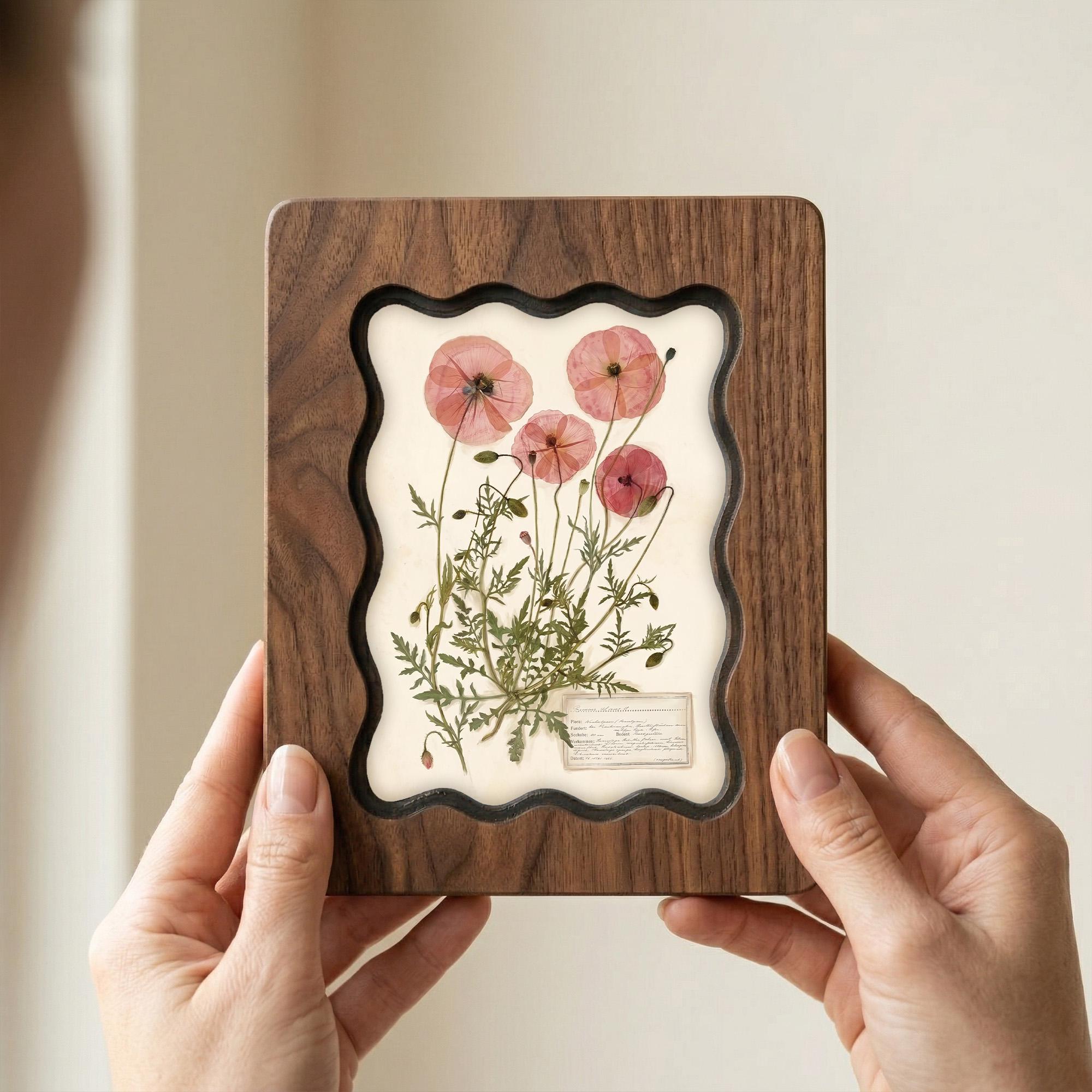 Pressed Poppy Wall Art, Vintage Botanical Wood Frame, Herbarium Flower Print, Cottagecore Aesthetic Gift, Laser Cut Wood Art, Floral Decor