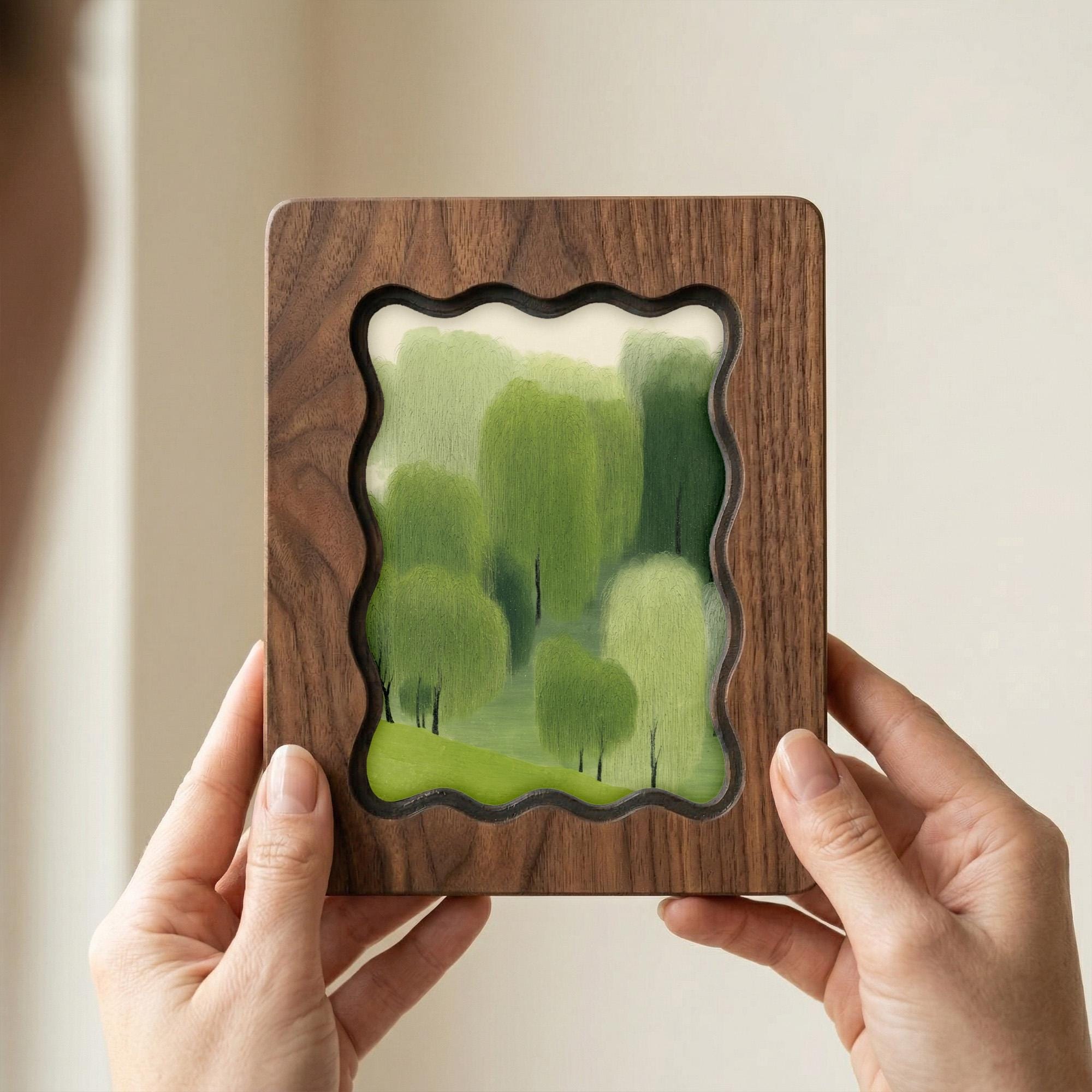 Minimalist Forest Wall Art, Green Tree Landscape Wood Frame, Abstract Nature Decor, Mid Century Modern Print, Laser Cut Art, Housewarming