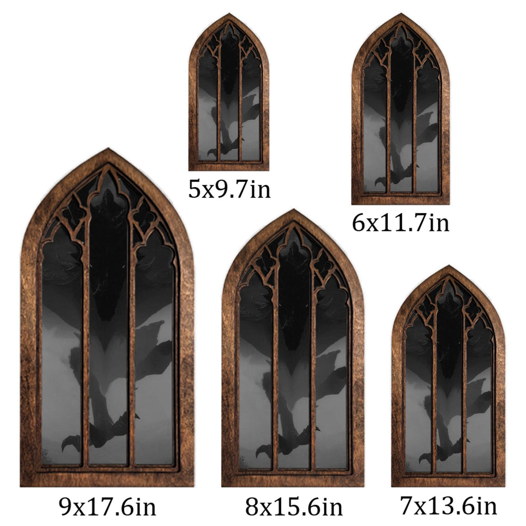 Dark Dragon Painting, Gothic Window Wall Art, Mythical Monster Print, Cathedral Arch Frame, Dark Academia Decor, Wood Laser Cut Layer Art