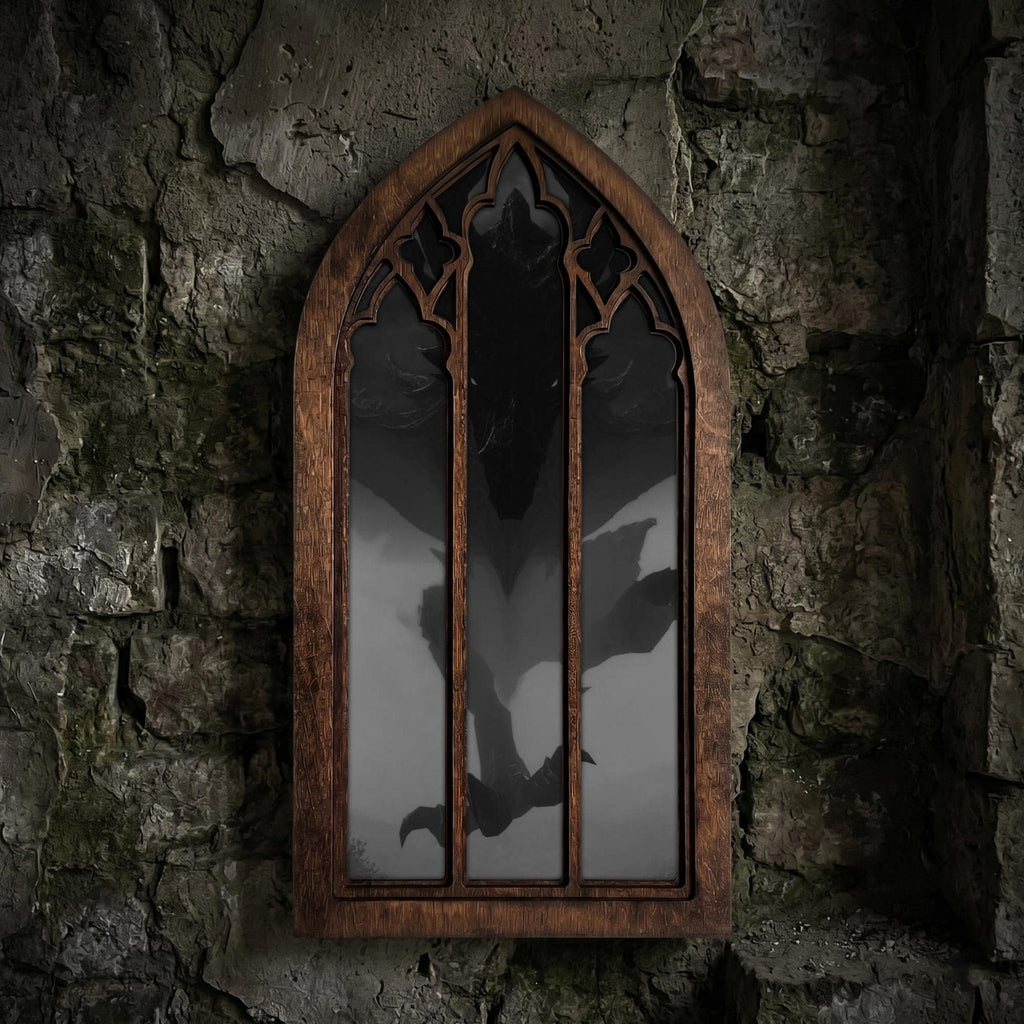 Dark Dragon Painting, Gothic Window Wall Art, Mythical Monster Print, Cathedral Arch Frame, Dark Academia Decor, Wood Laser Cut Layer Art