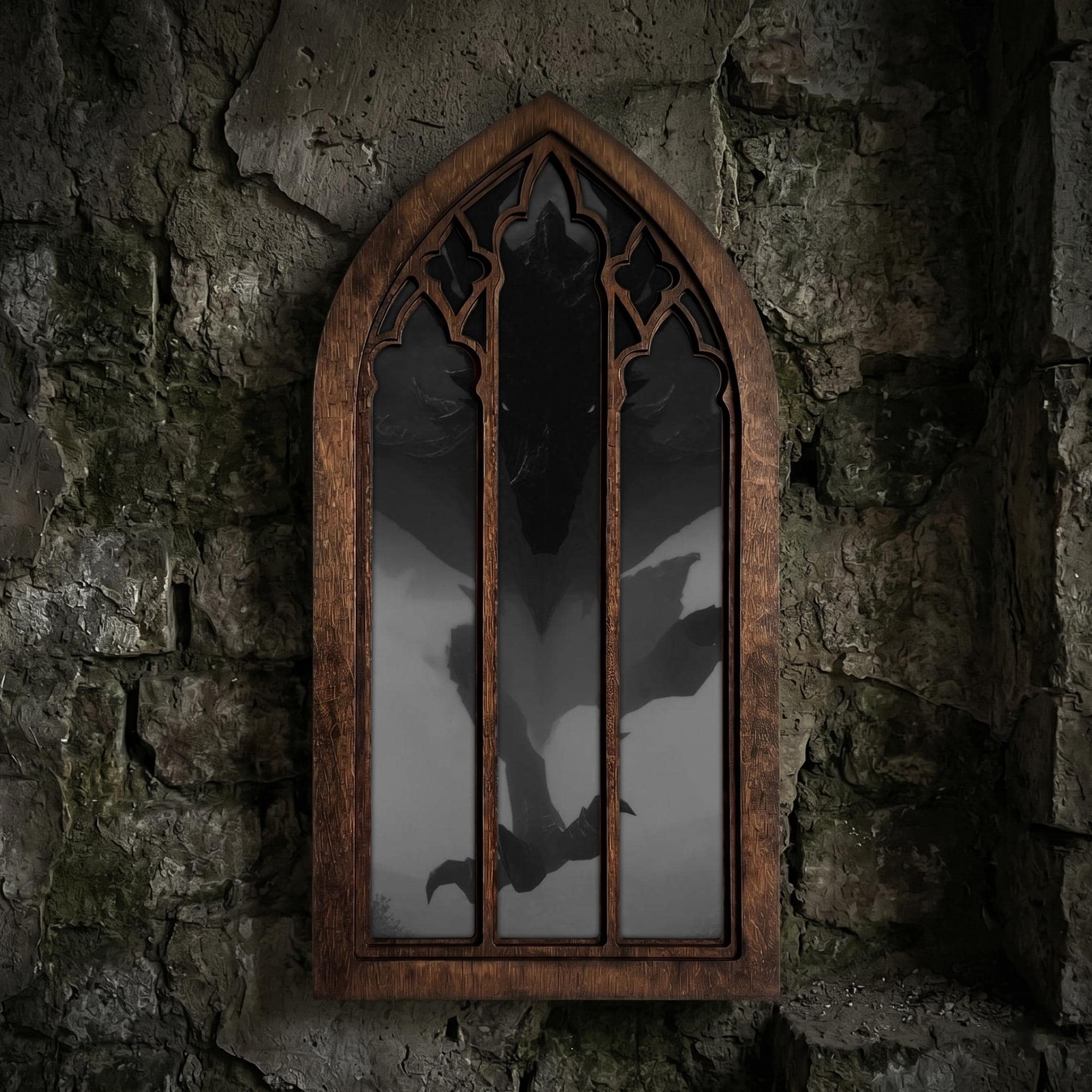 Dark Dragon Painting, Gothic Window Wall Art, Mythical Monster Print, Cathedral Arch Frame, Dark Academia Decor, Wood Laser Cut Layer Art
