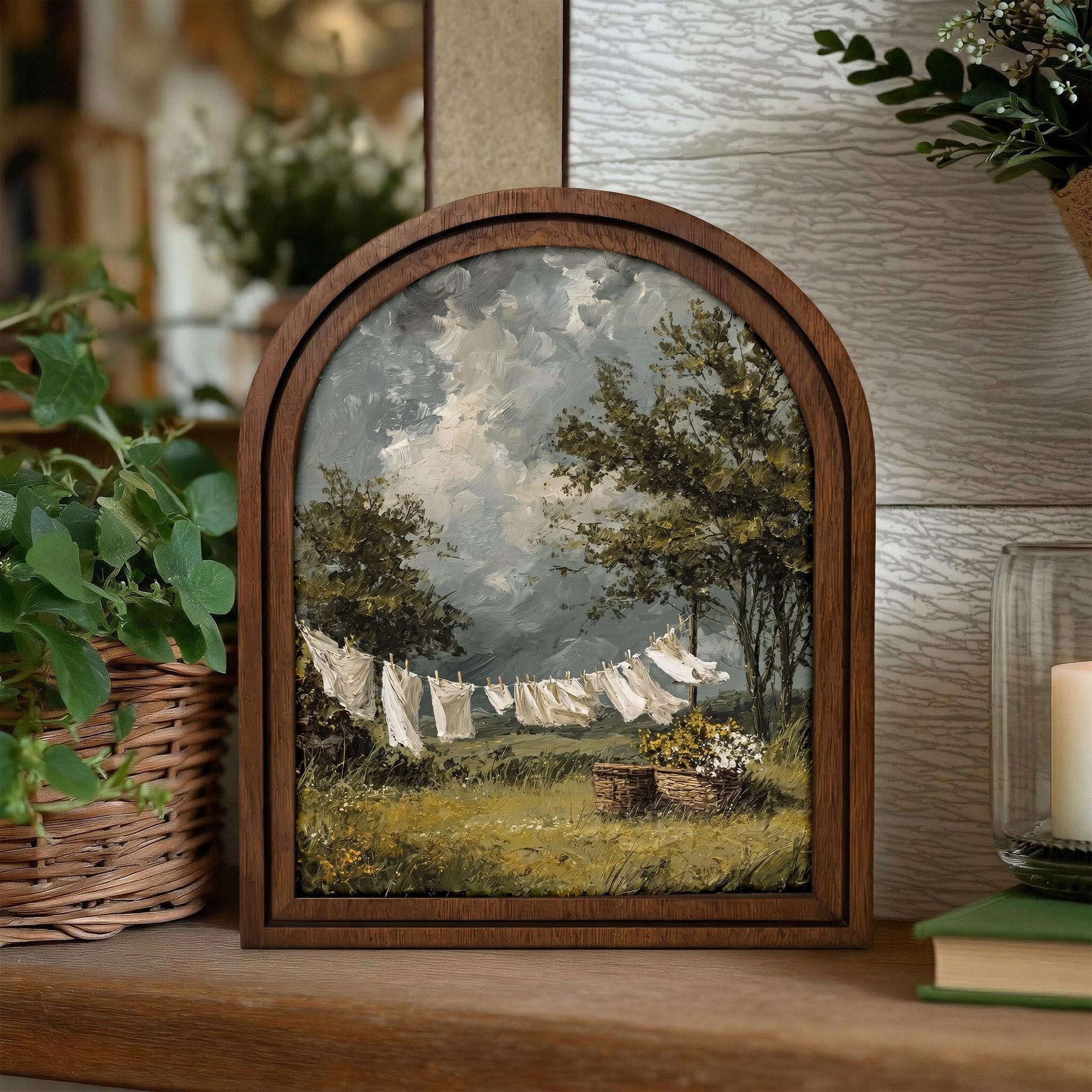 Farmhouse Wall Art, Cottagecore Decor, Vintage Landscape Painting, Laundry Room Art, Rustic Wood Canvas Print, Country Scenery Decor, Gift
