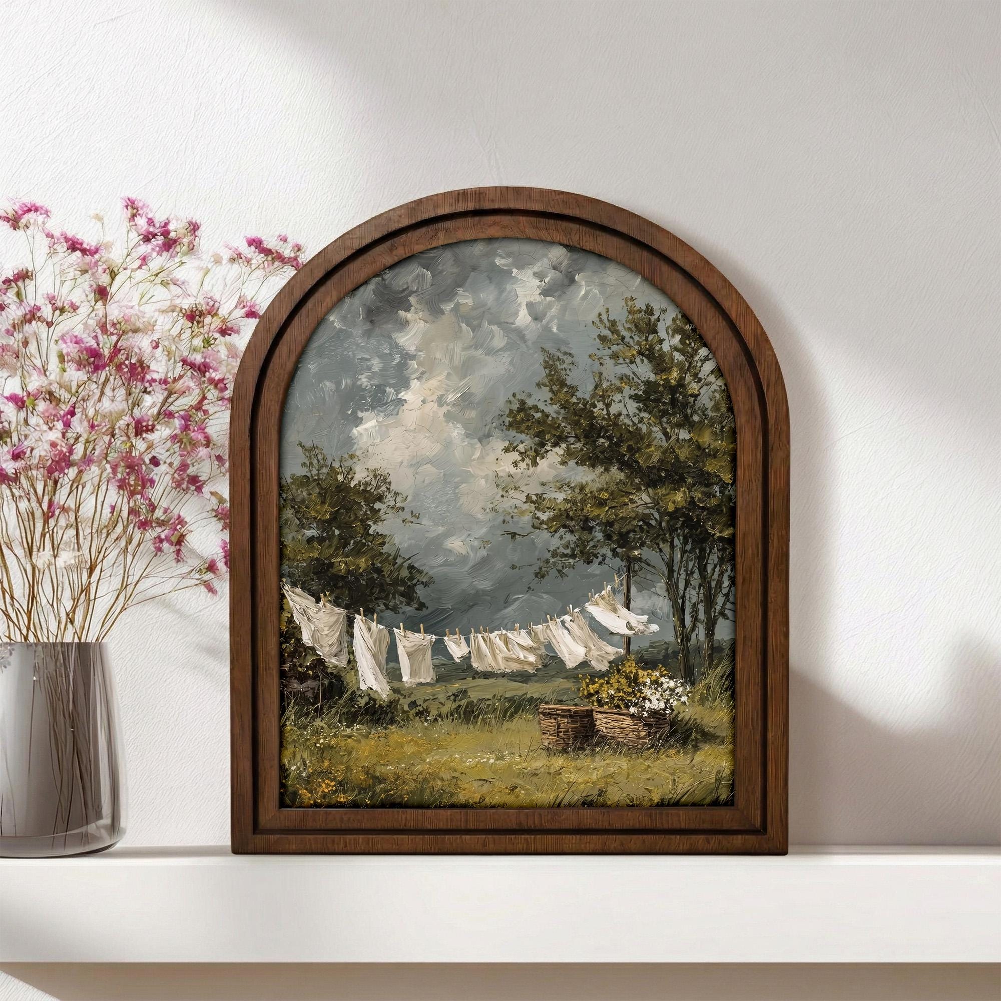 Farmhouse Wall Art, Cottagecore Decor, Vintage Landscape Painting, Laundry Room Art, Rustic Wood Canvas Print, Country Scenery Decor, Gift