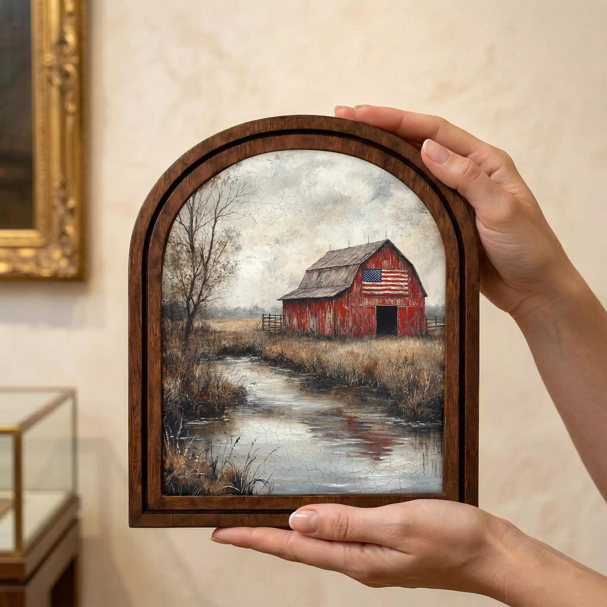 Farmhouse Wall Art, Patriotic Red Barn, American Flag Poster, Vintage Landscape Print, Rustic Wood Canvas Art, Country Scenery Decor, Gift