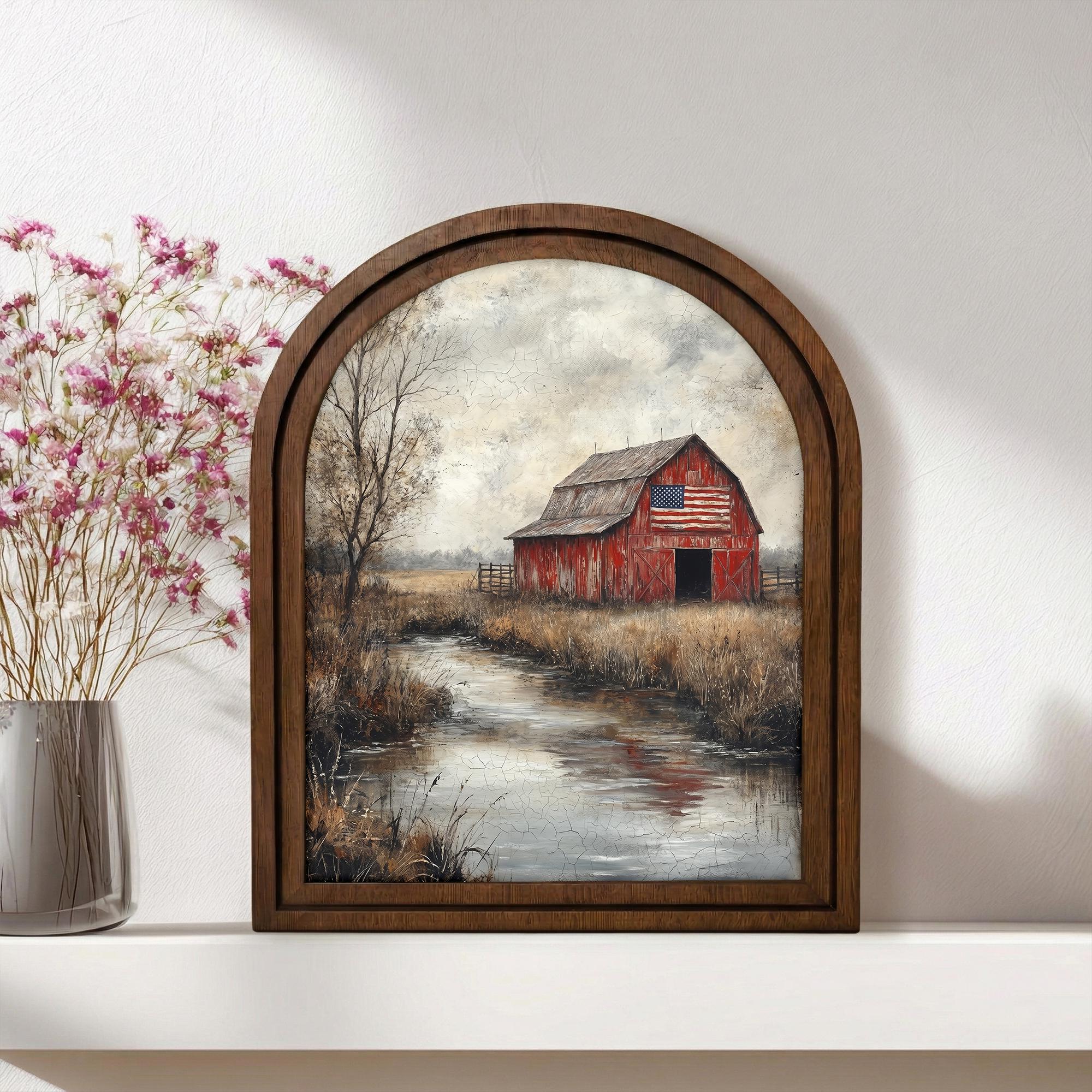 Farmhouse Wall Art, Patriotic Red Barn, American Flag Poster, Vintage Landscape Print, Rustic Wood Canvas Art, Country Scenery Decor, Gift