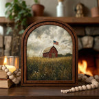 Farmhouse Wall Art, Patriotic Red Barn, American Flag Poster, Vintage Landscape Print, Rustic Wood Canvas Art, Country Wheat Field, Gift