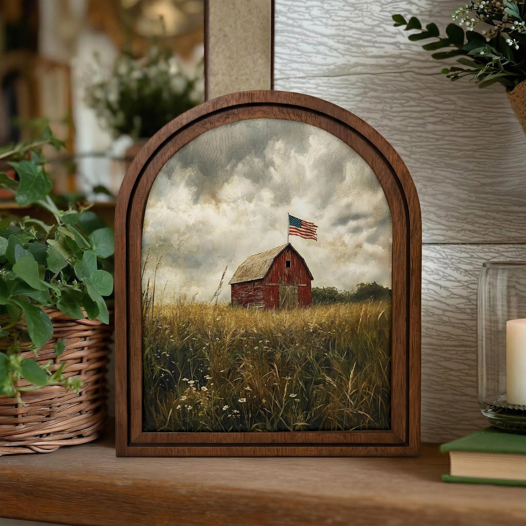 Farmhouse Wall Art, Patriotic Red Barn, American Flag Poster, Vintage Landscape Print, Rustic Wood Canvas Art, Country Wheat Field, Gift
