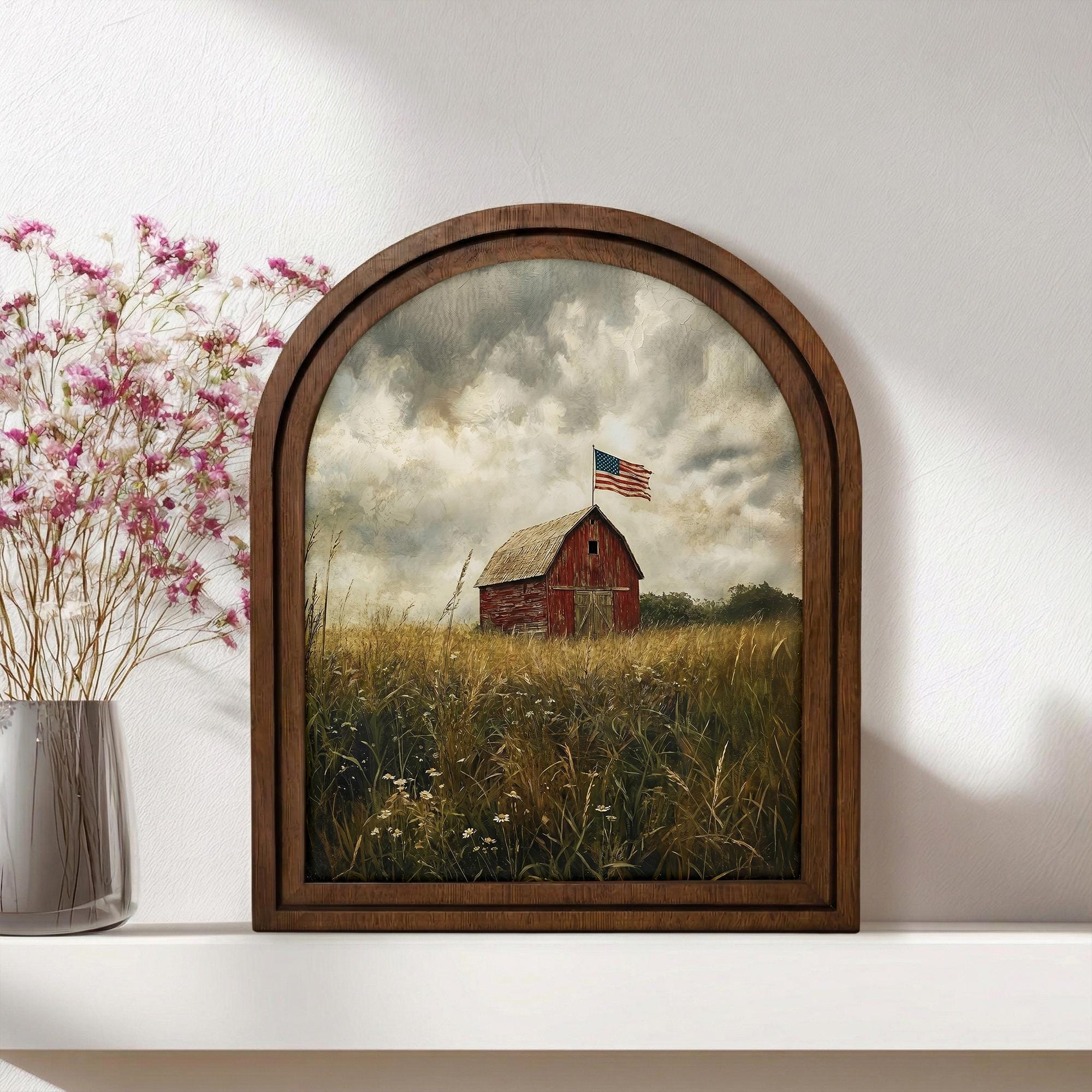 Farmhouse Wall Art, Patriotic Red Barn, American Flag Poster, Vintage Landscape Print, Rustic Wood Canvas Art, Country Wheat Field, Gift