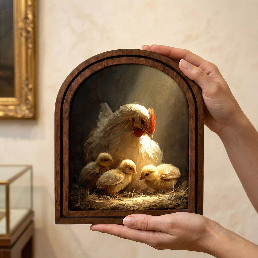 Chicken Wall Art - Mother Hen and Chicks 3D Wood Art - Farmhouse Kitchen Decor - Arched Frame Countryside Canvas - 7x9 9x11 11x14 14x18 Inch