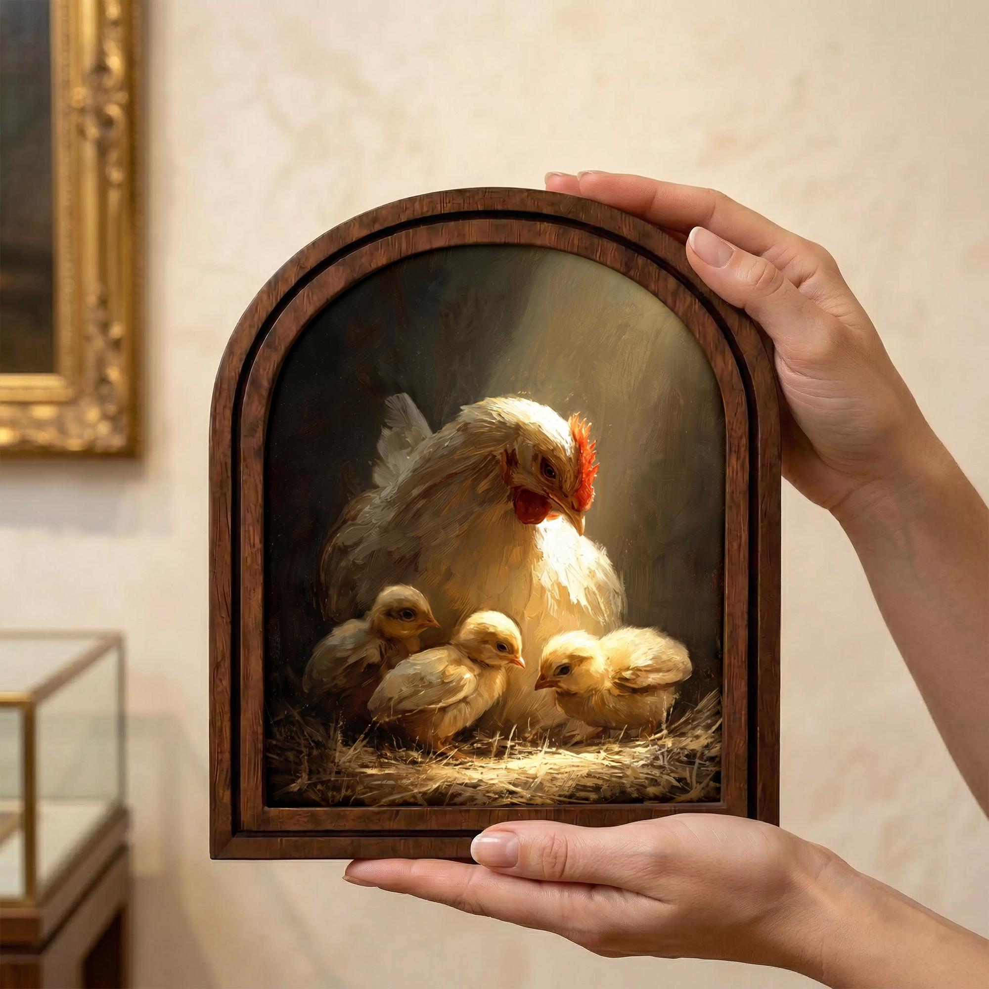 Chicken Wall Art - Mother Hen and Chicks 3D Wood Art - Farmhouse Kitchen Decor - Arched Frame Countryside Canvas - 7x9 9x11 11x14 14x18 Inch