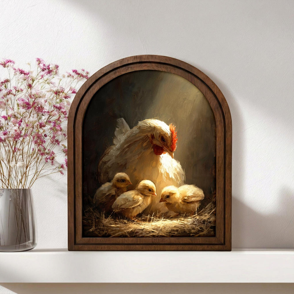 Chicken Wall Art - Mother Hen and Chicks 3D Wood Art - Farmhouse Kitchen Decor - Arched Frame Countryside Canvas - 7x9 9x11 11x14 14x18 Inch