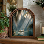 Swan Wall Art Nature Home Decor Arched Wood Frame Canvas Print Lake Scenery Painting Forest Landscape Art Mother‘s Day Gift Spiritual Decor