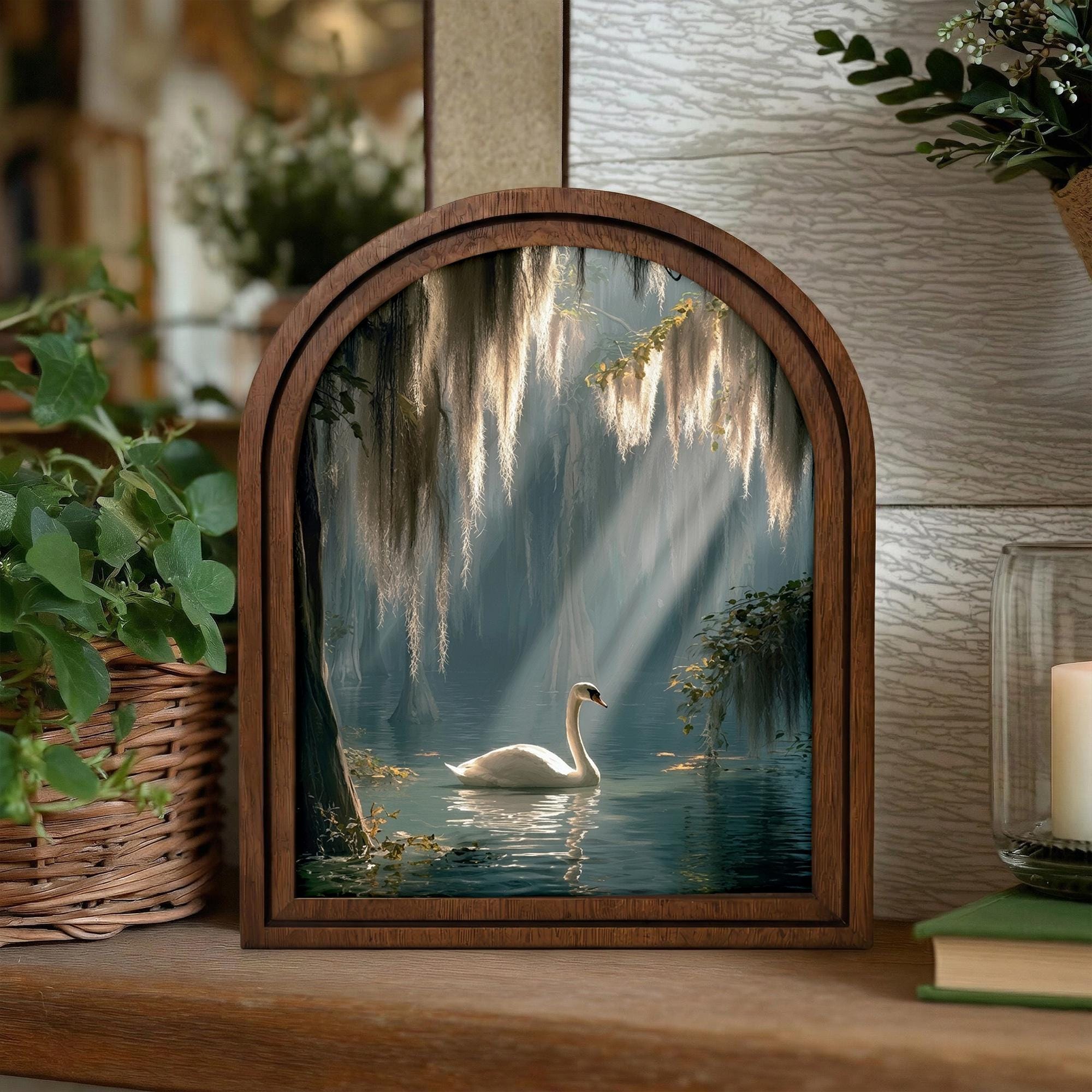 Swan Wall Art Nature Home Decor Arched Wood Frame Canvas Print Lake Scenery Painting Forest Landscape Art Mother‘s Day Gift Spiritual Decor