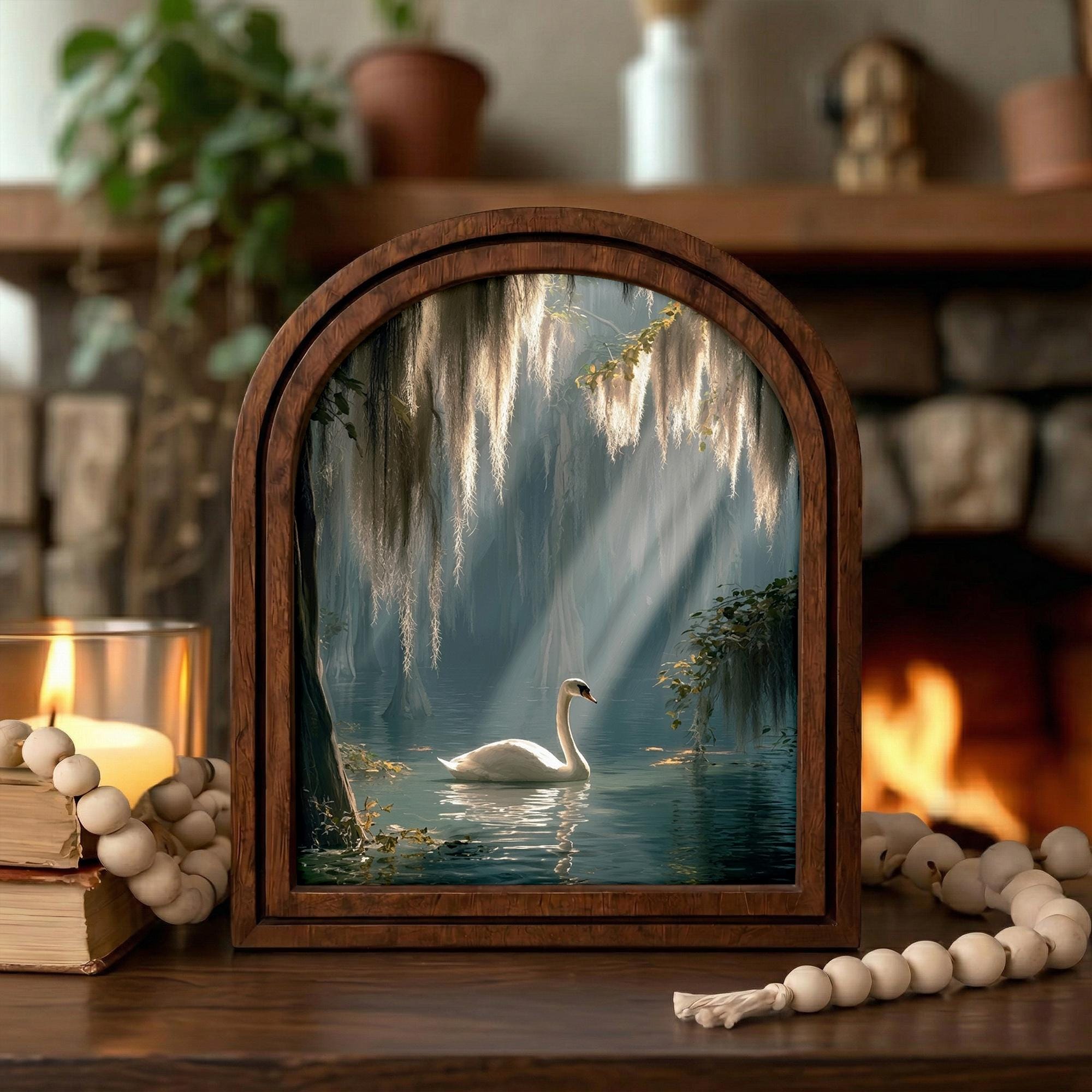 Swan Wall Art Nature Home Decor Arched Wood Frame Canvas Print Lake Scenery Painting Forest Landscape Art Mother‘s Day Gift Spiritual Decor