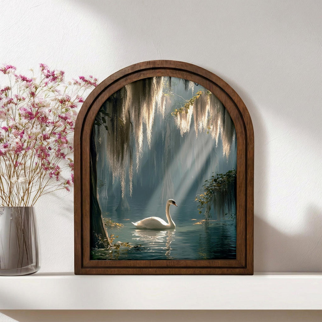 Swan Wall Art Nature Home Decor Arched Wood Frame Canvas Print Lake Scenery Painting Forest Landscape Art Mother‘s Day Gift Spiritual Decor