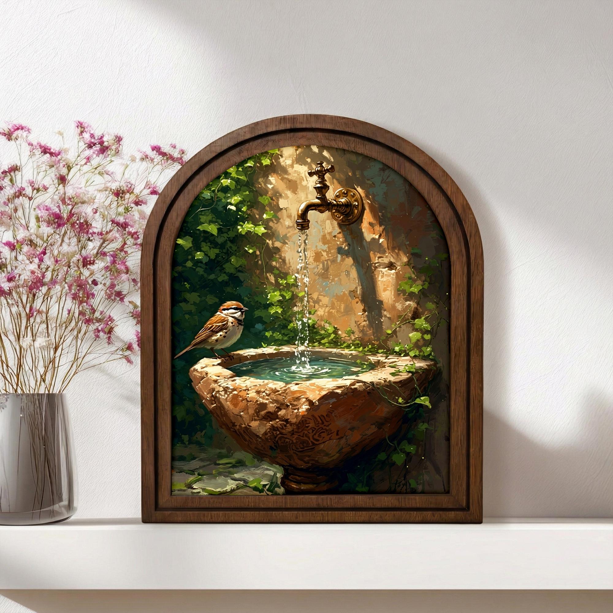 Cottagecore Wall Art, Arch Wood Picture Frame, Vintage Bird Painting, Rustic Garden Decor, Arched Wooden Wall Decor, Nature Canvas Print