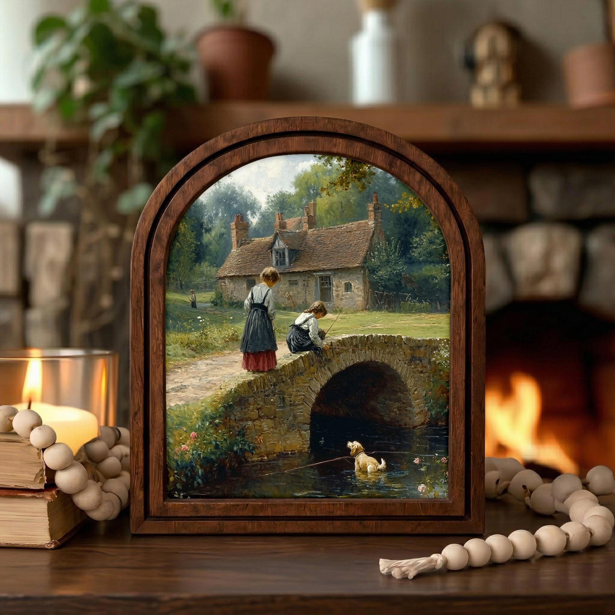 Cottagecore Wall Art, Vintage Landscape Art, Country River Painting, Stone Bridge Poster, Rustic Wood Canvas Art, Antique Scenery Print,Gift