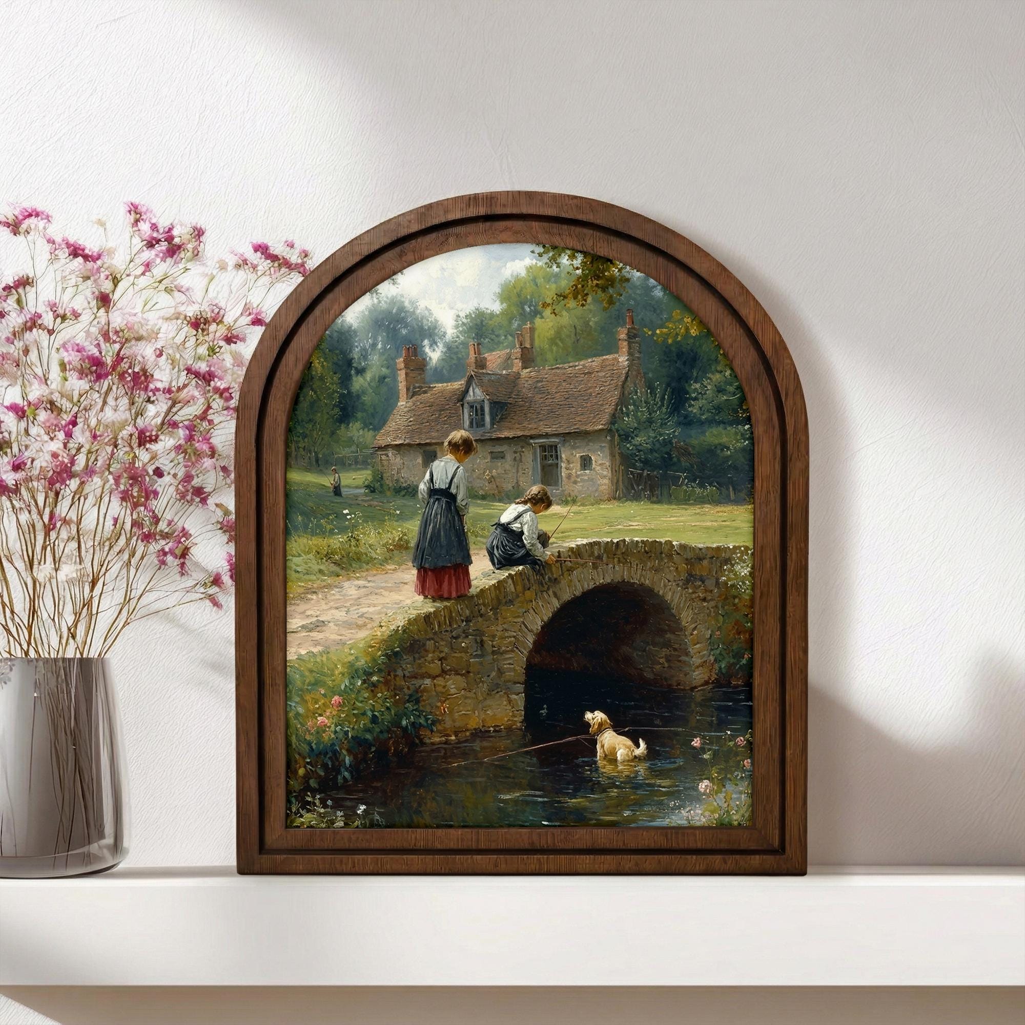 Cottagecore Wall Art, Vintage Landscape Art, Country River Painting, Stone Bridge Poster, Rustic Wood Canvas Art, Antique Scenery Print,Gift